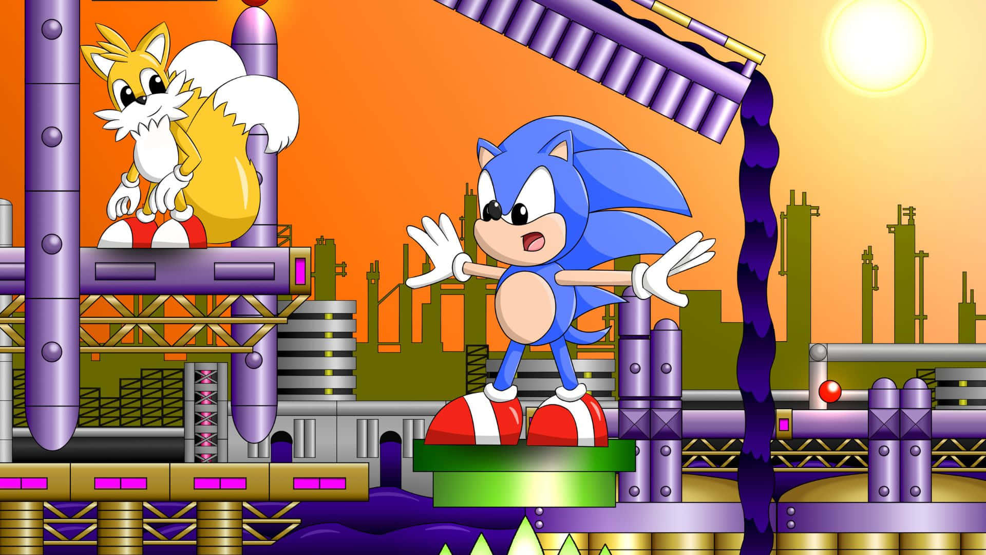 Sonic the Hedgehog racing through the Oil Ocean Zone Wallpaper