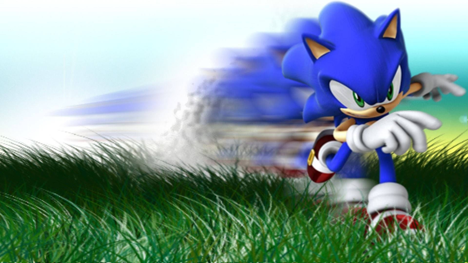 HD wallpaper. of Sonic the Hedgehog animated running in a grass field.