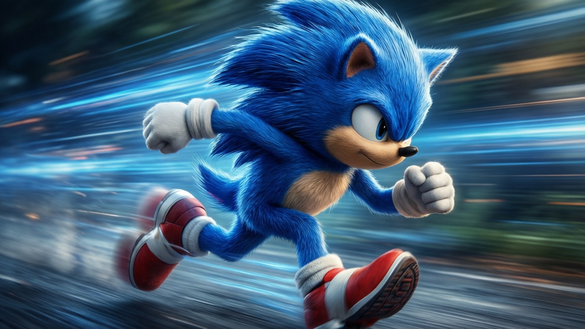 Sonic running at high speed with blue blur effect on transparent background.