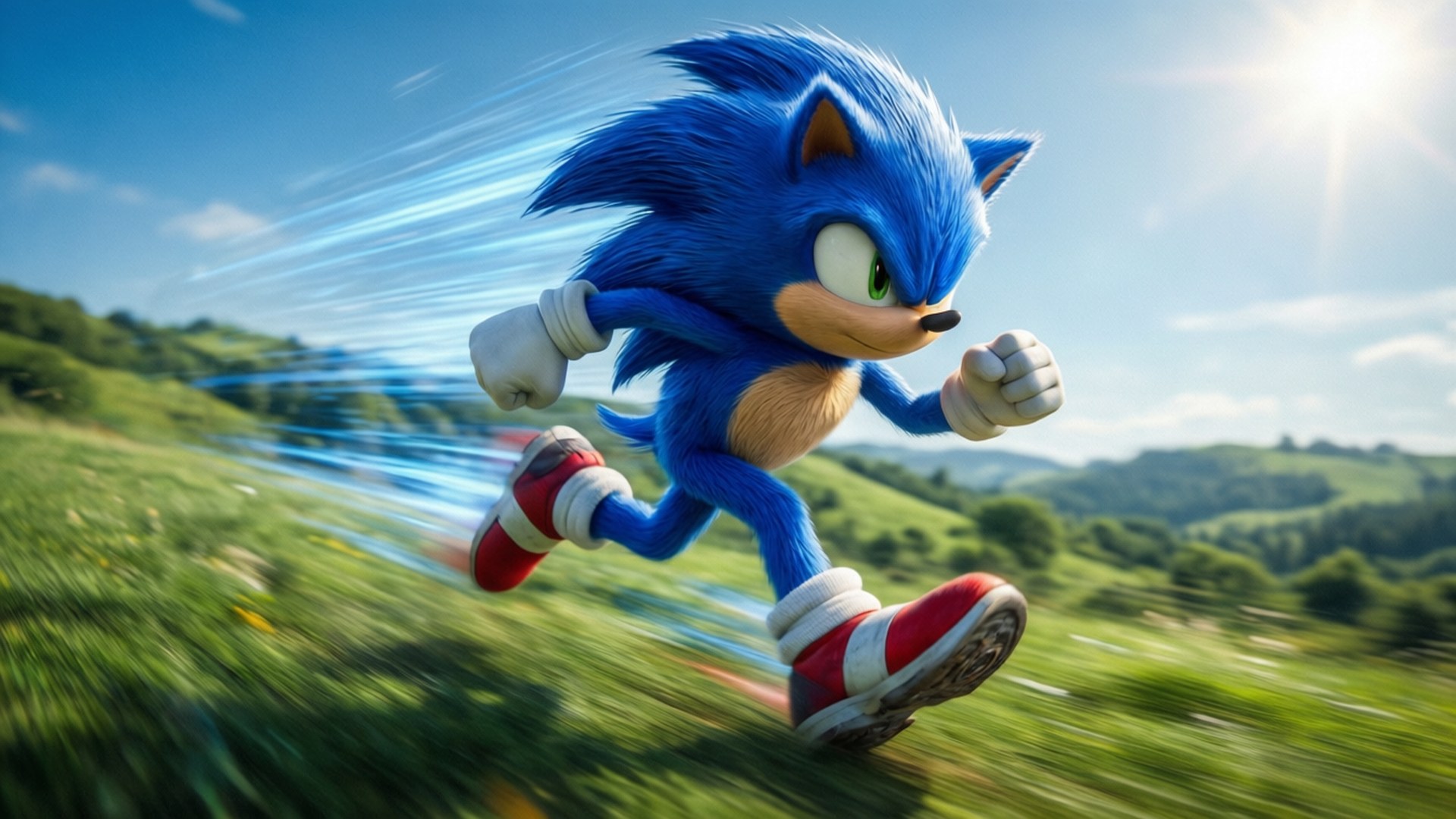 Sonic dashing through Green Hill Zone with motion blur and vibrant colors.