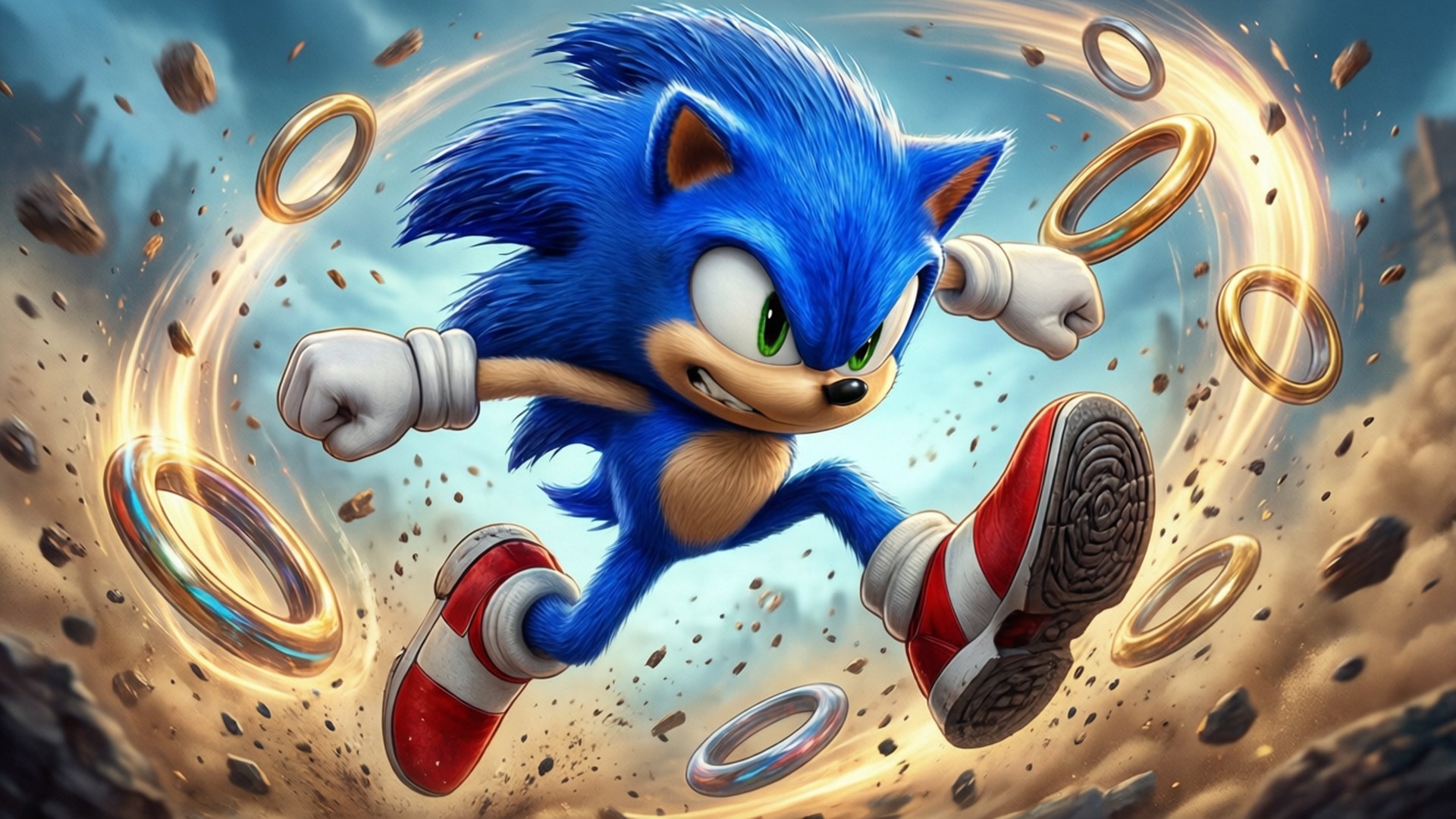 Sonic midt i spin-angreb med ringe, der flyver, energisk og farverigt.