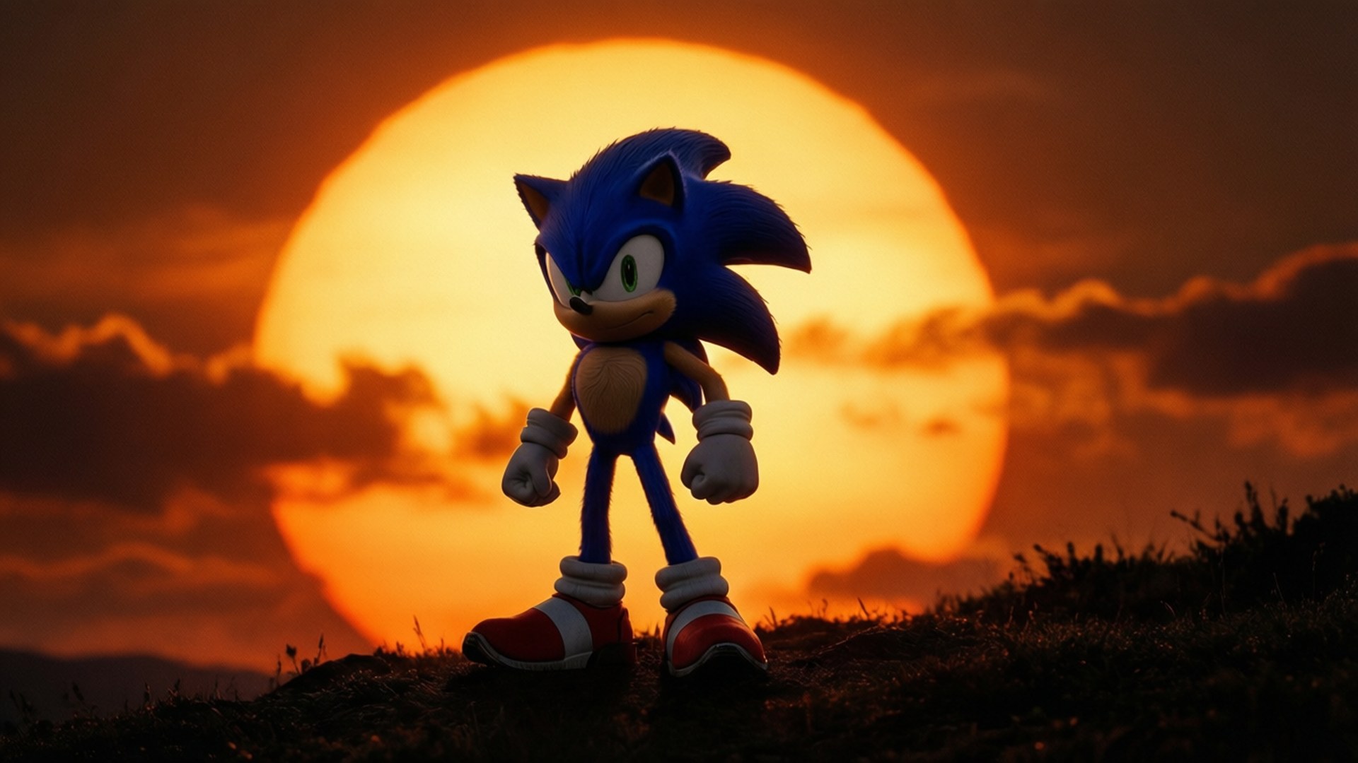 Silhuett av Sonic mot en solnedgång.