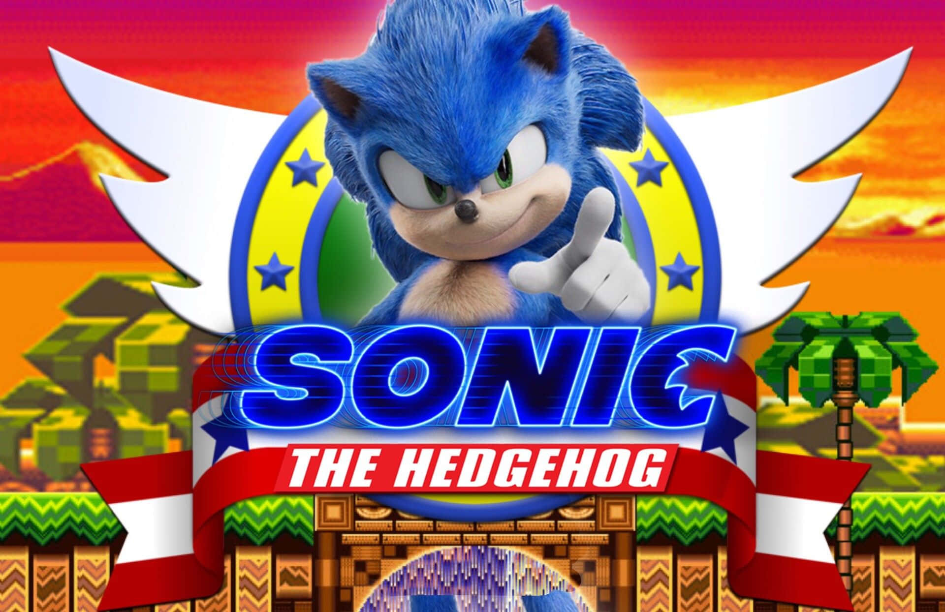 Sonic the Hedgehog speeding through a bright, green landscape