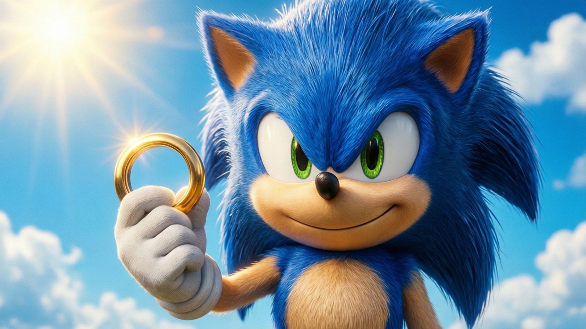 Sonic met Ring Achtergronden — Sonic the Hedgehog lacht stralend terwijl hij een gouden ring vasthoudt tegen een zonnige blauwe lucht met donzige wolken.