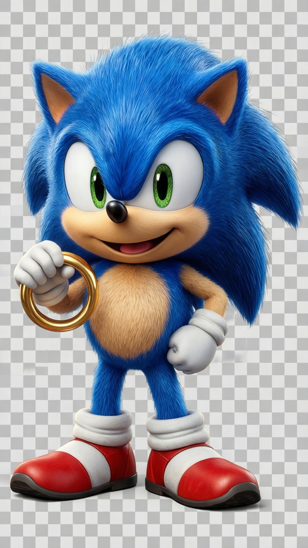 Sonic håller glatt en gyllene ring på transparent bakgrund.