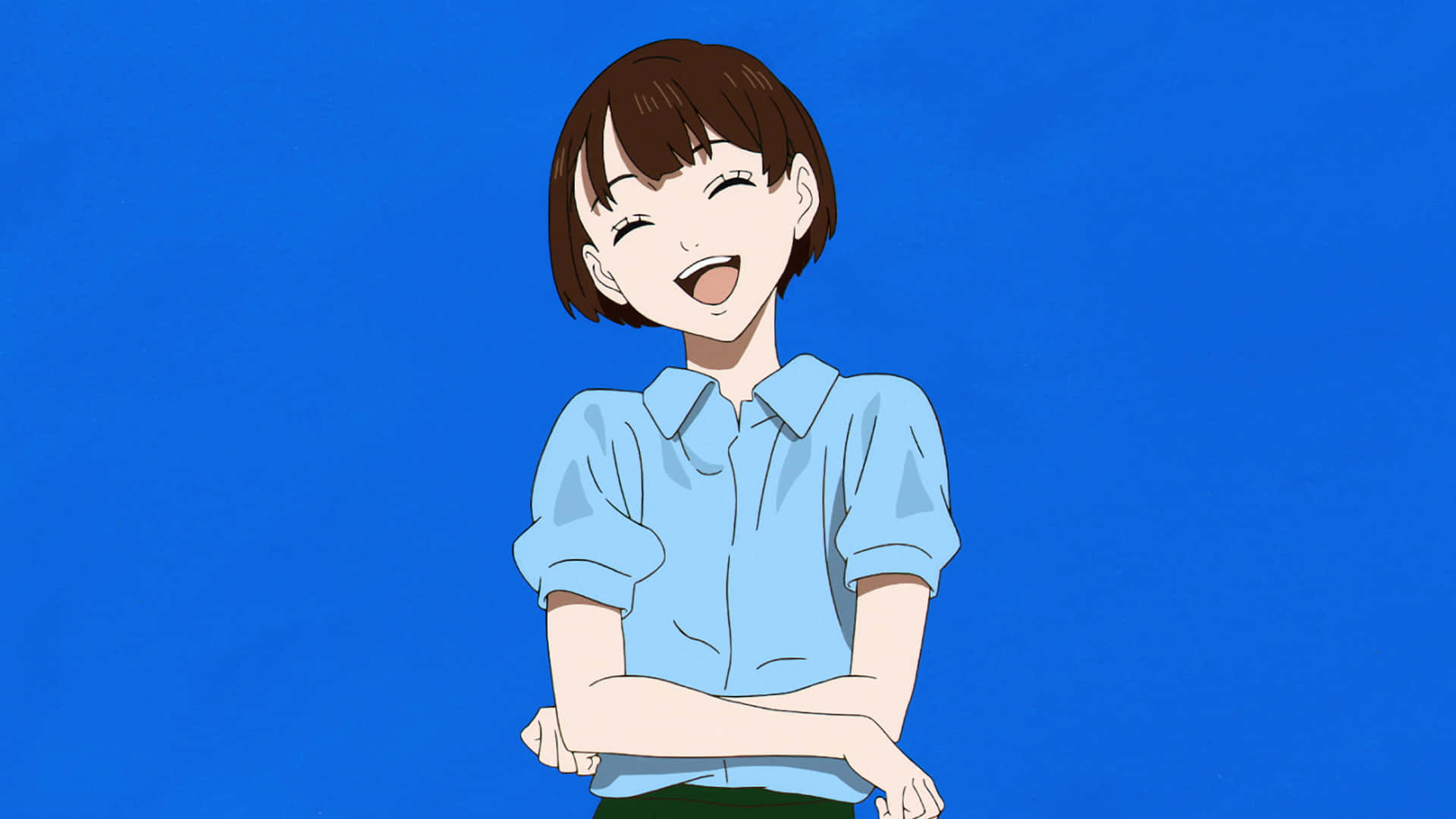 A Girl In A Blue Shirt Is Standing With Her Arms Crossed