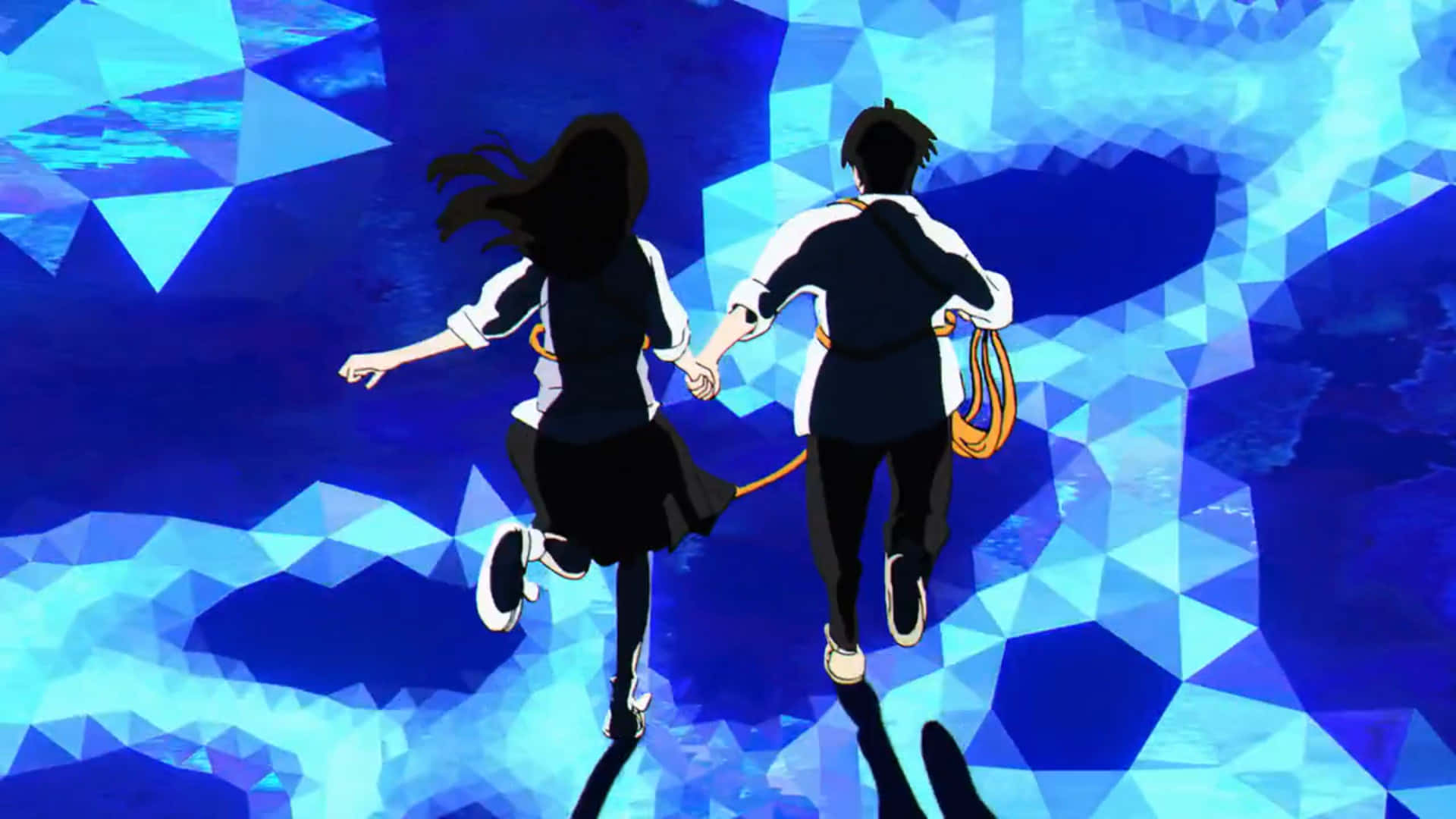 Two Anime Characters Walking In Front Of A Blue Background