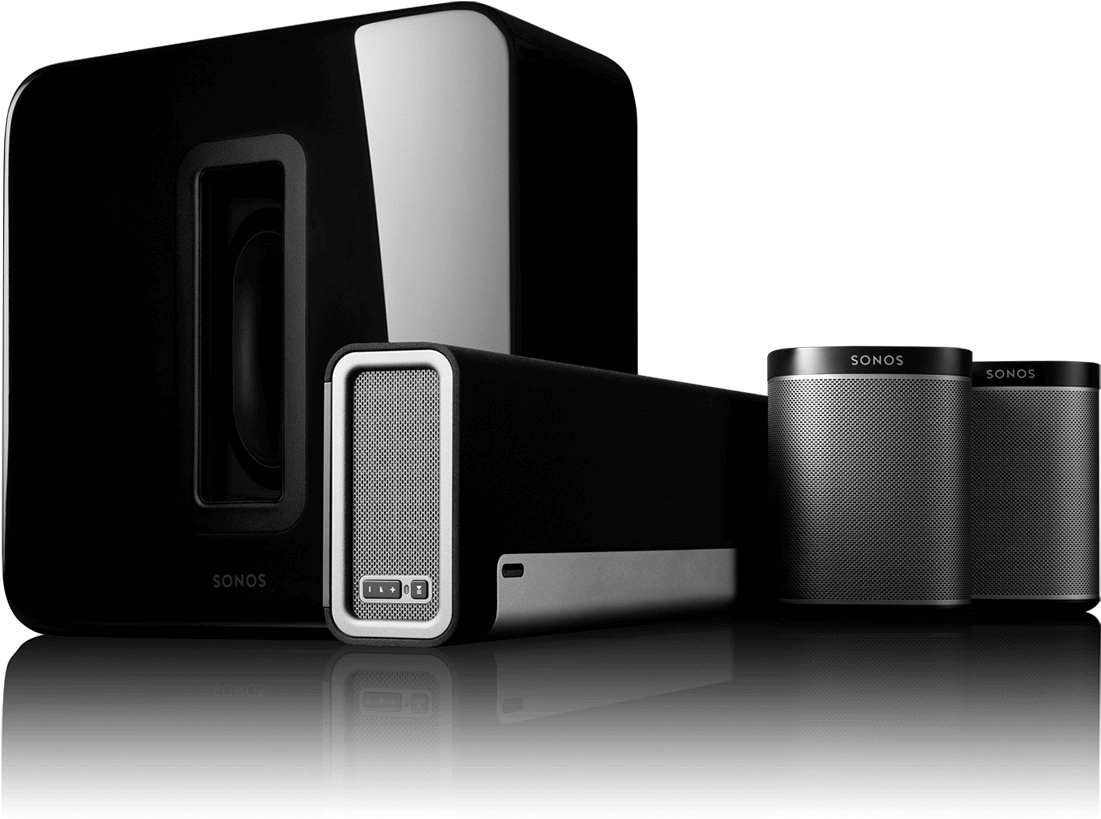 Sonos Speaker System Setup PNG — Modern Sonos speakers in sleek black and silver arranged on a reflective surface against a dark background.