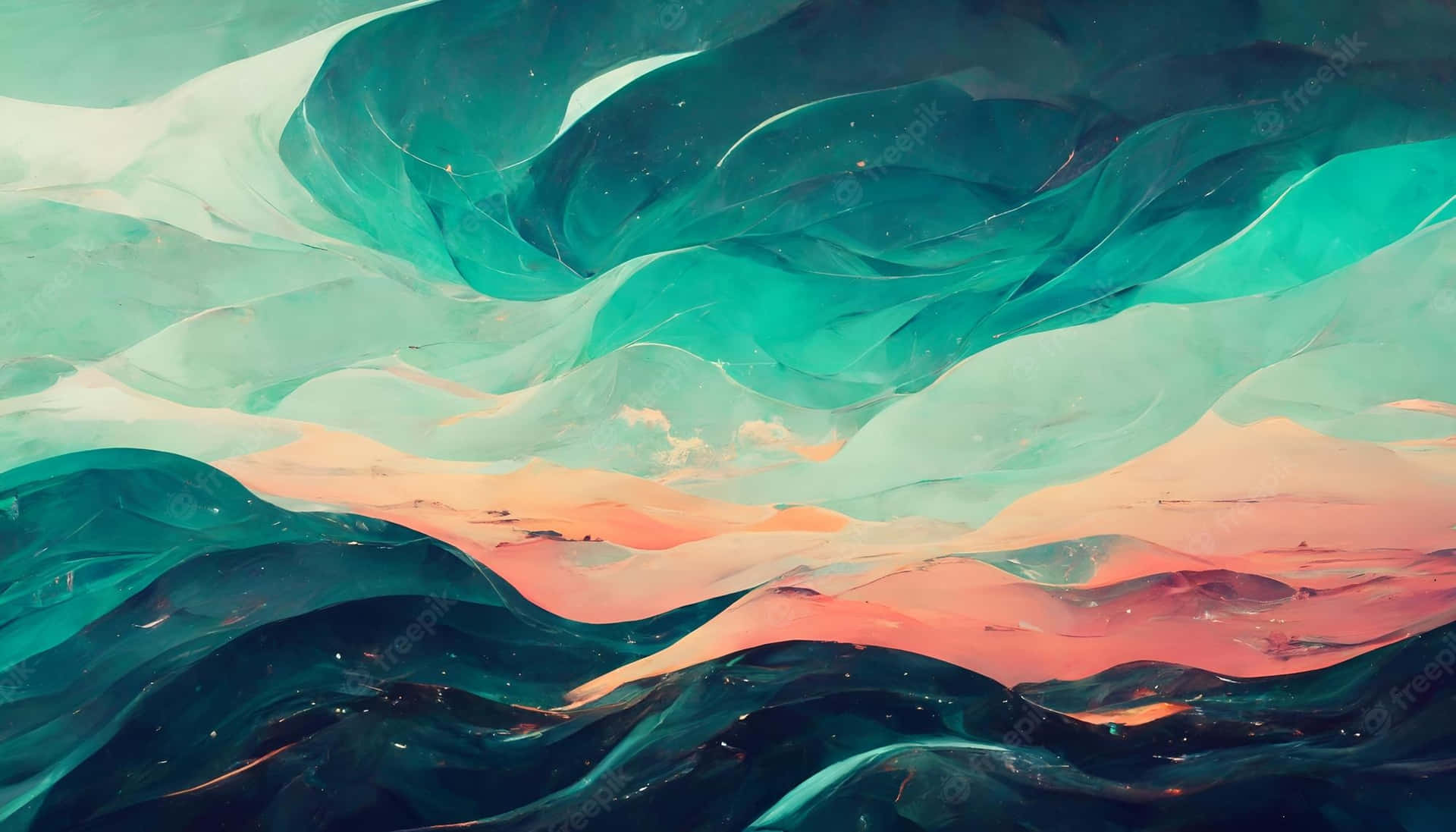 En maleri af et bjerg med bølger og skyer Wallpaper