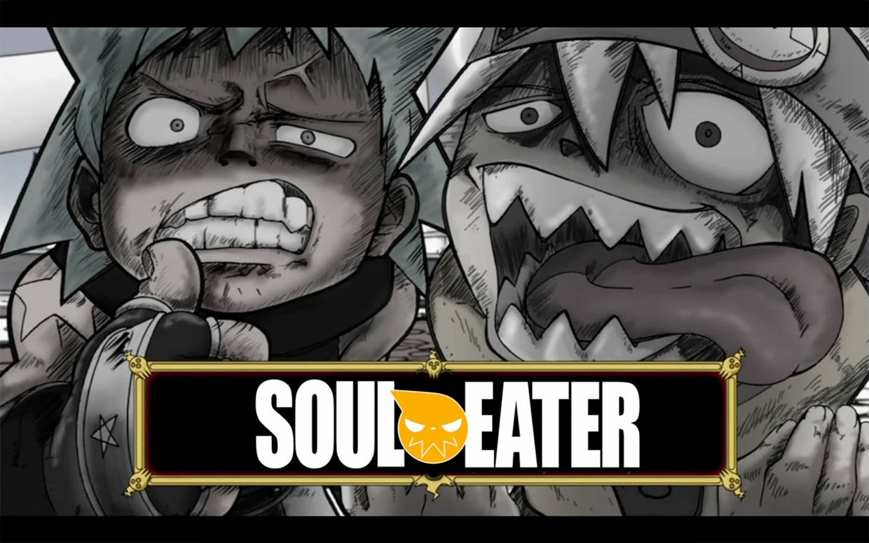 Karakterer fra Soul Eater Wacky Faces under det grå himmel. Wallpaper