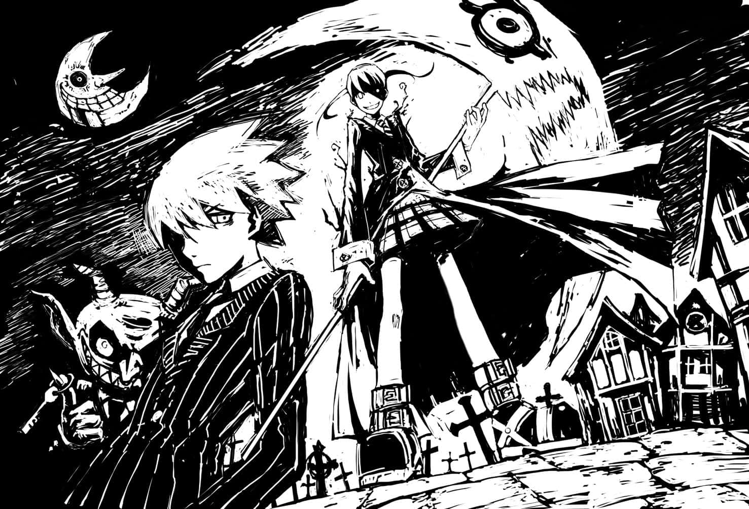 Maka,soul Und Franken Stein Aus Dem Soul Eater Manga Wallpaper