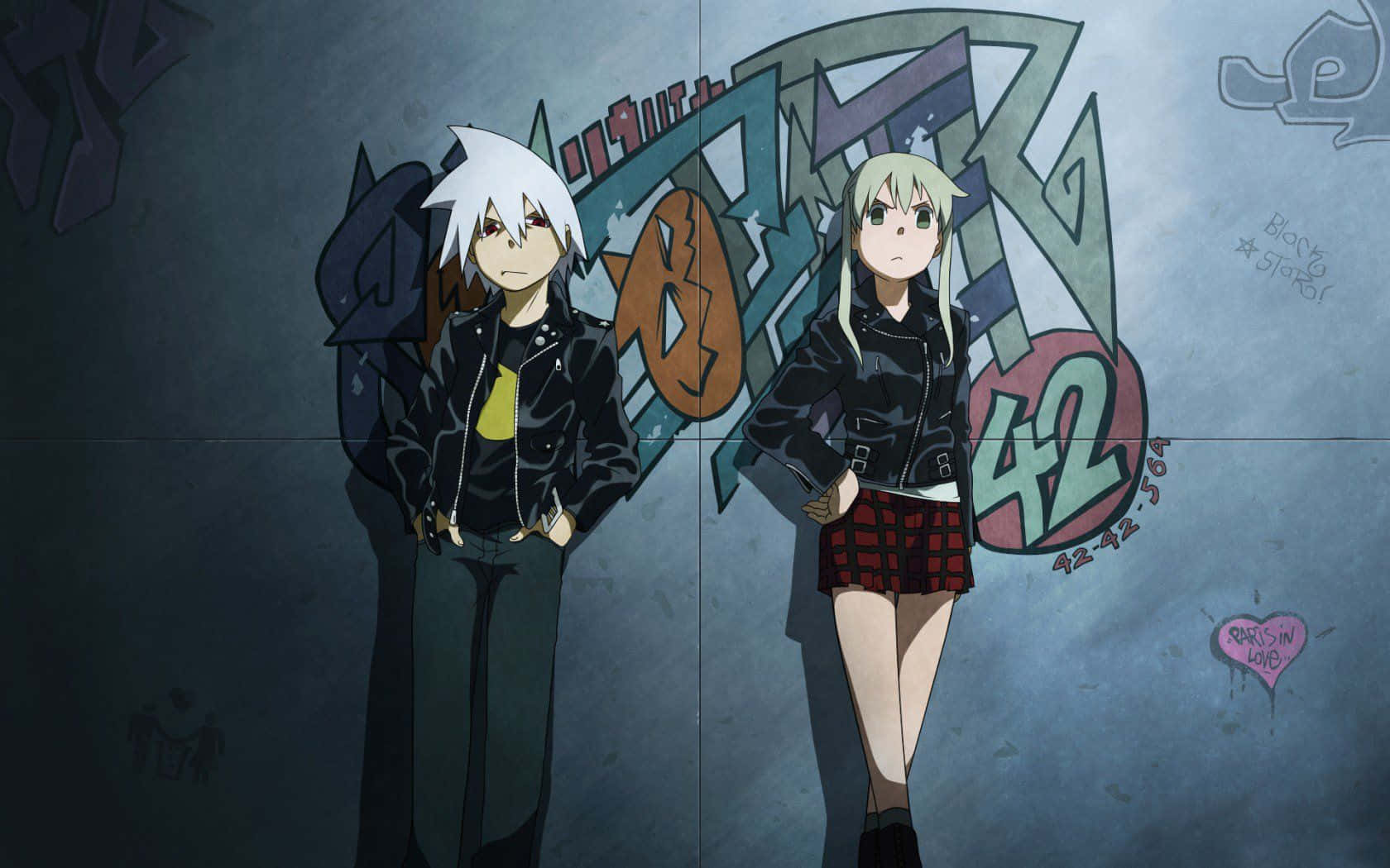 To anime-figurer står ved siden af et graffiti-væg. Wallpaper