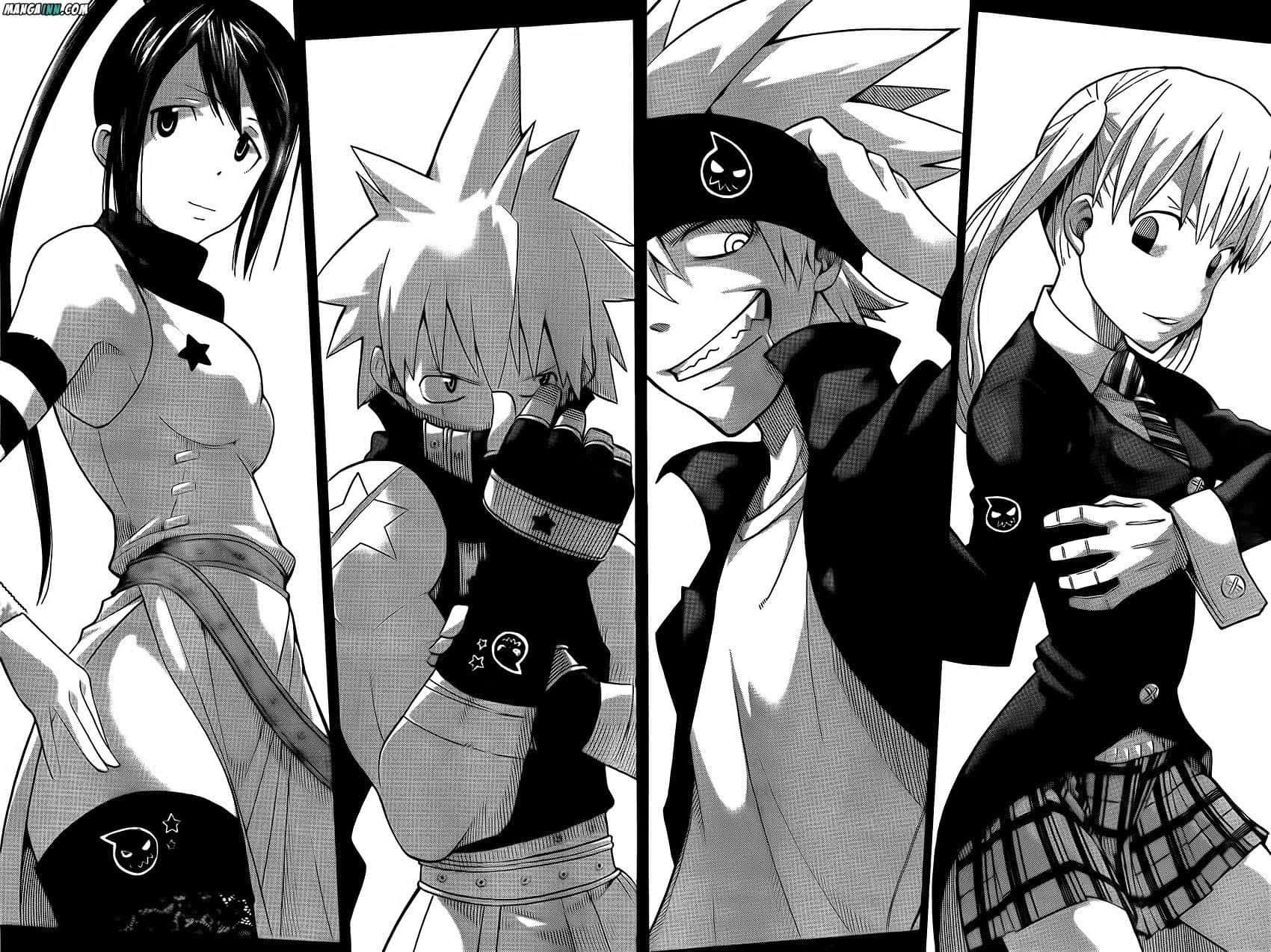 En gruppe anime tegn i sort og hvid Wallpaper