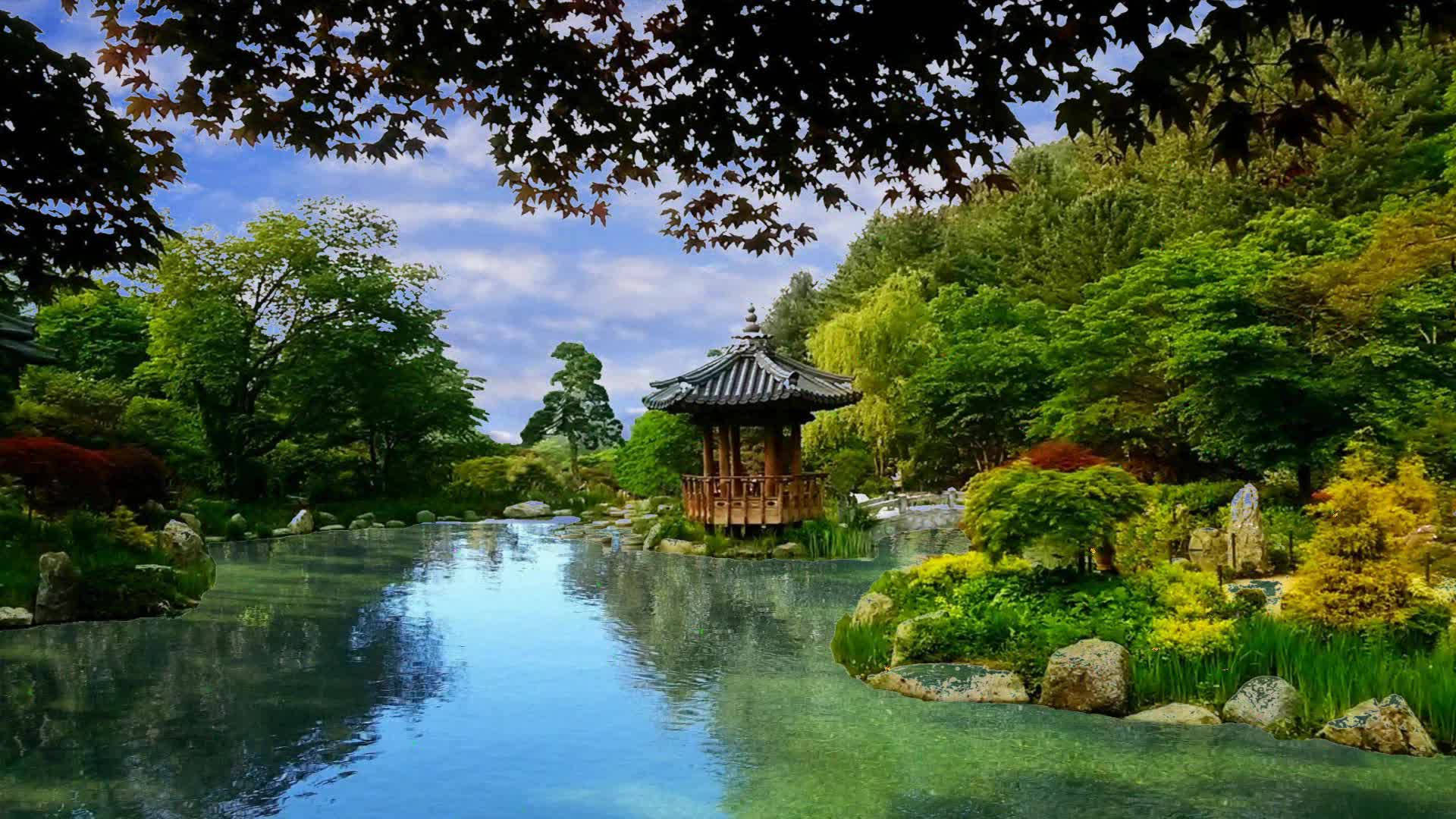Jardínde Corea Del Sur Junto Al Lago. Fondo de pantalla