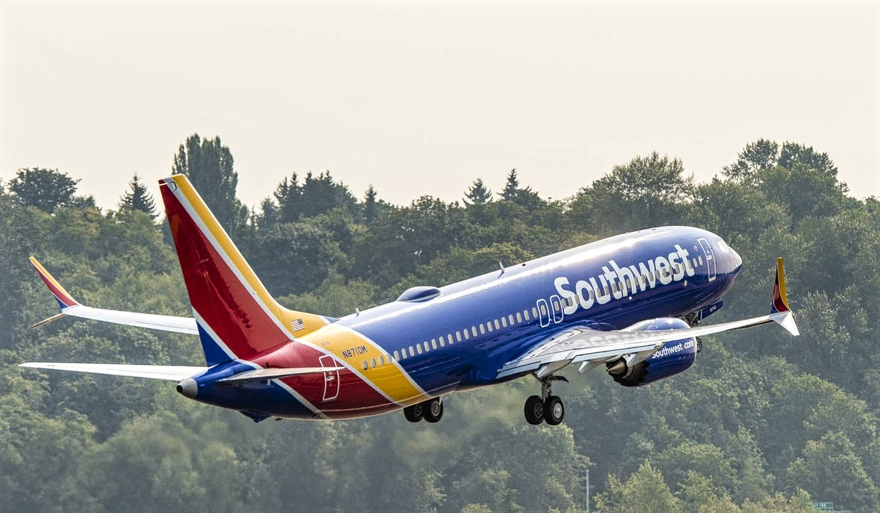 Aviónde Southwest Airlines Volando Sobre Los Árboles. Fondo de pantalla