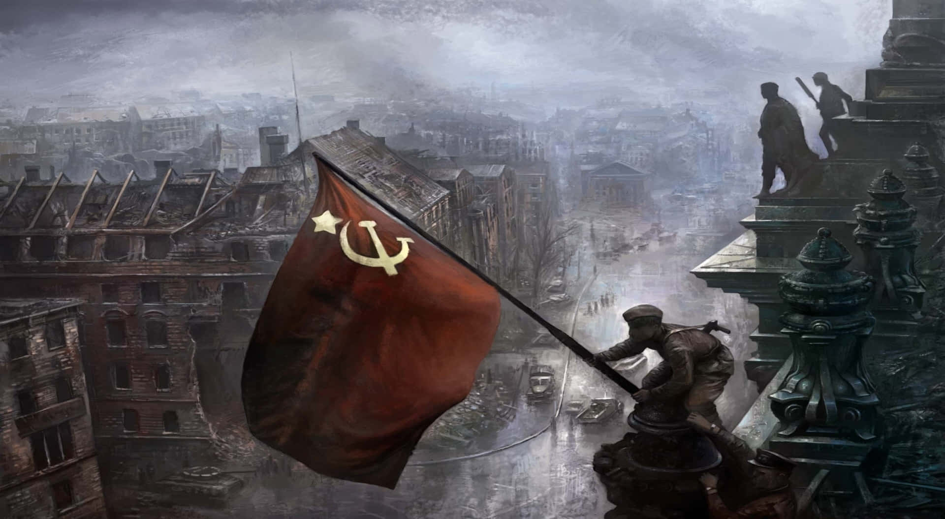 Soviet_ Flag_ Over_ Ruins_ Artwork Wallpaper