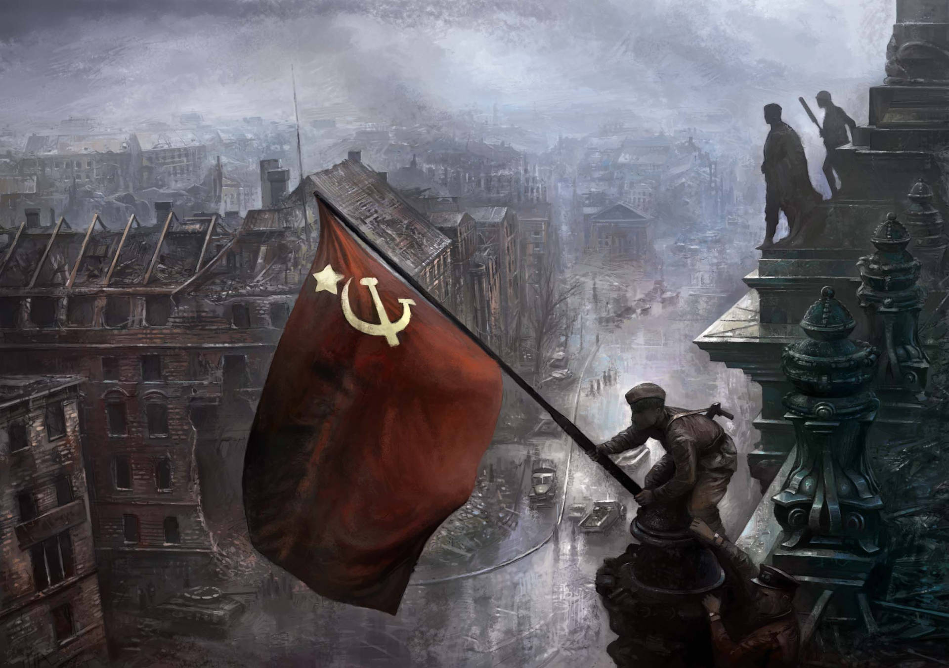 Soviet Flags Fly over War Zone Wallpaper