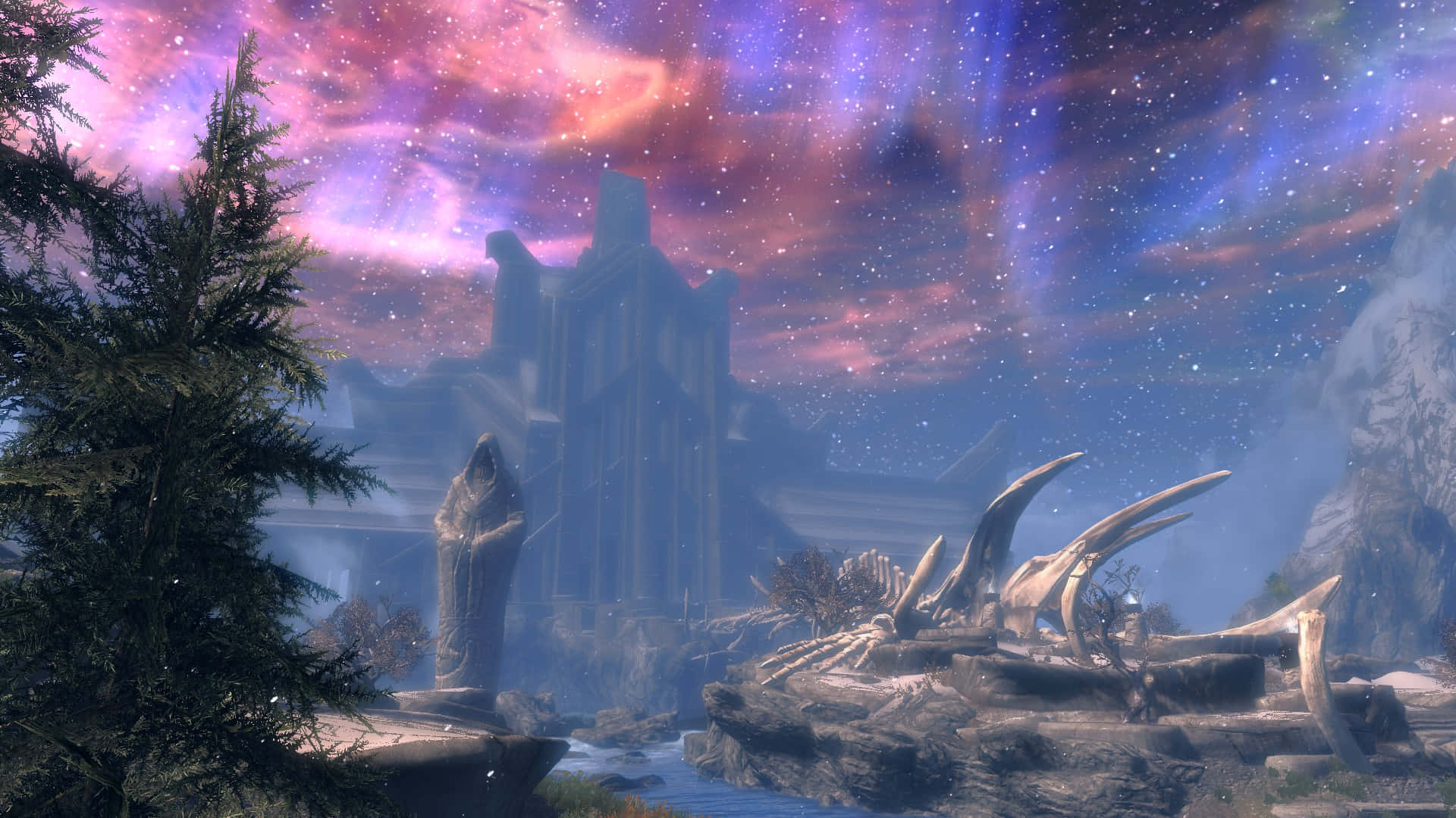 A magnificent landscape view of Sovngarde in the celestial twilight Wallpaper