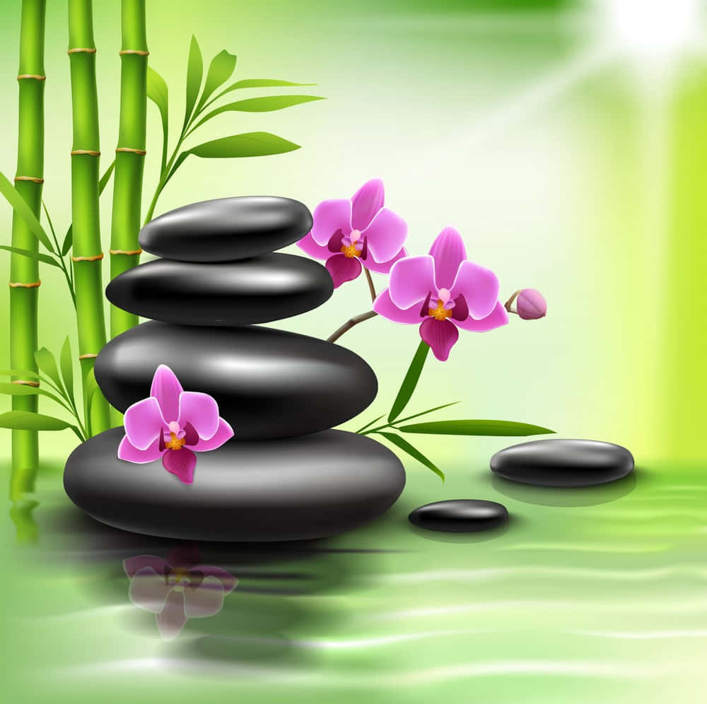 Hintergrundbildfür Den Wellnessbereich: Schwarzer Steinturm, Orchideenblumen, Bambussprossen.