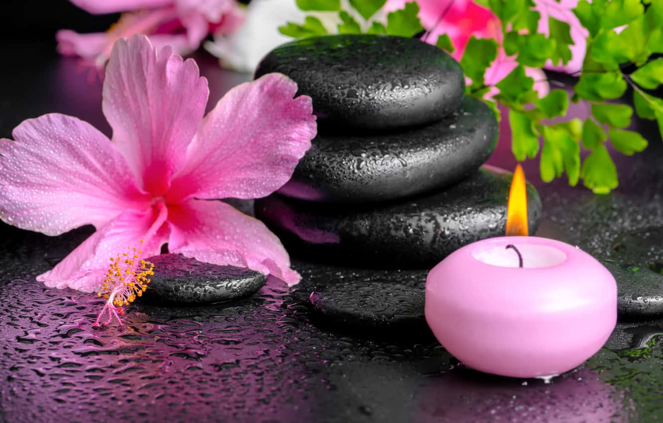 Spa Background Pink Flower Pink Candle And Black Stones