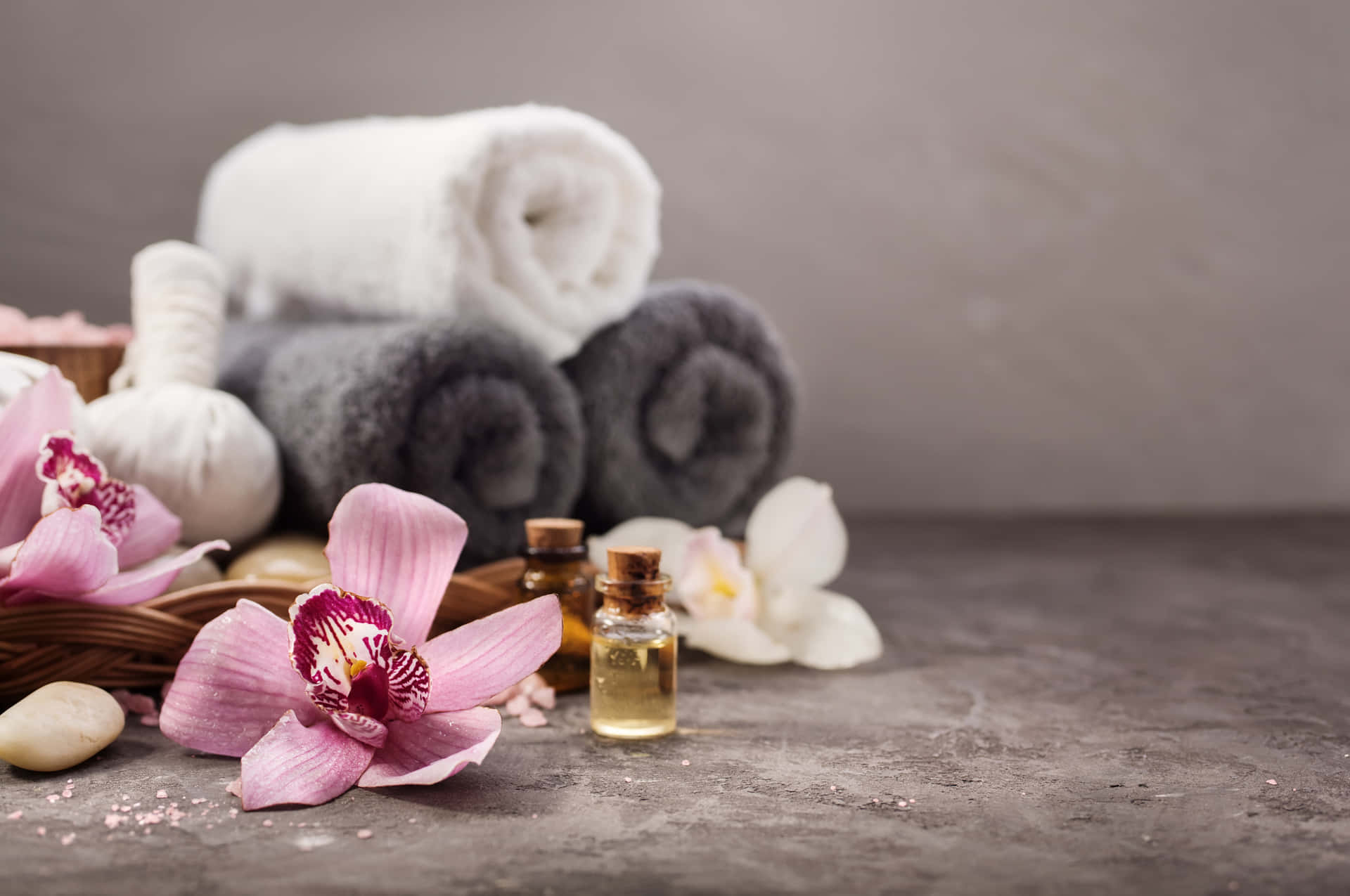 Spa Background Pink Flowers With Oils And Towels