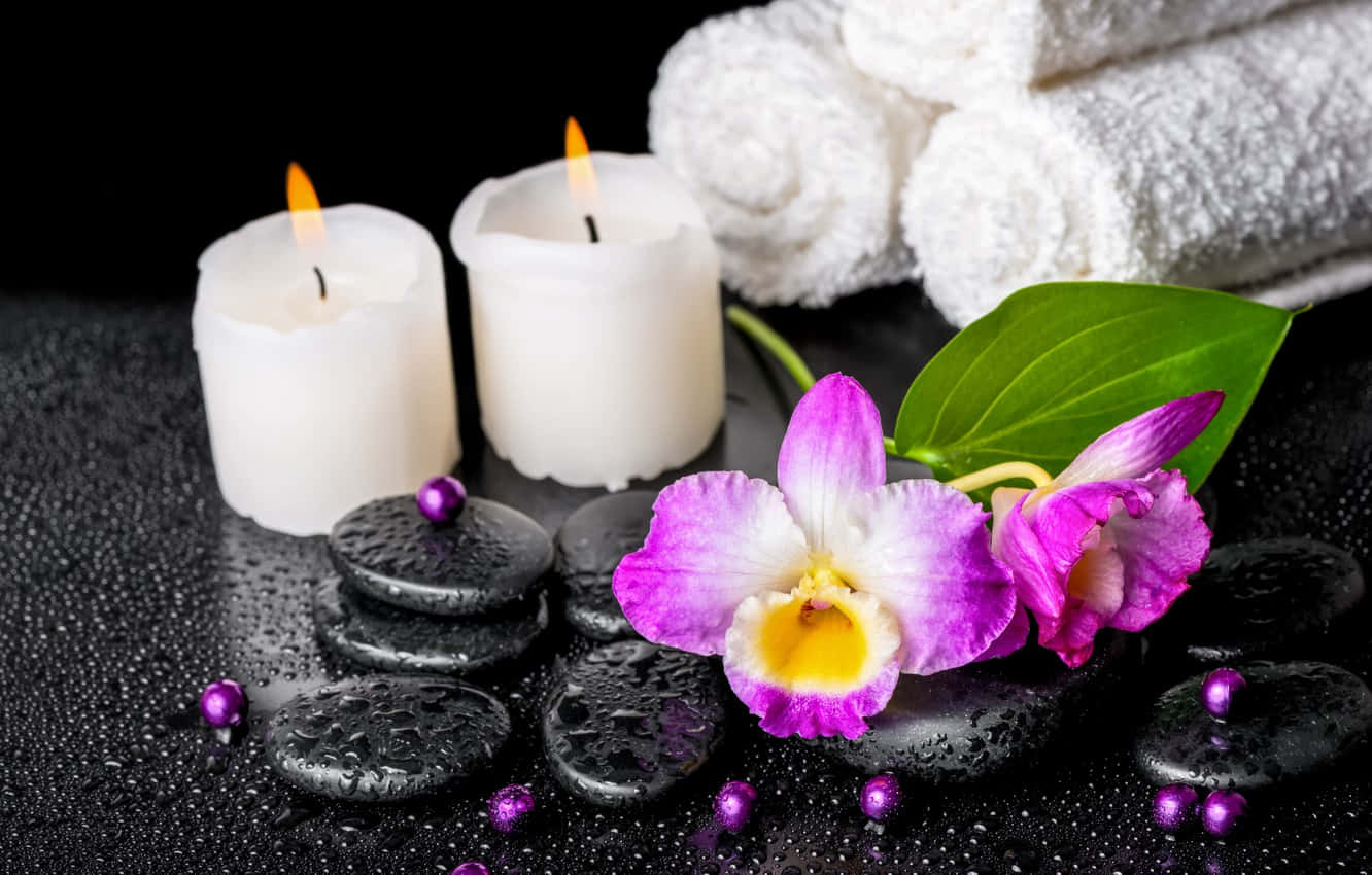 Spa Background White Candles Orchid Flowers White Towels