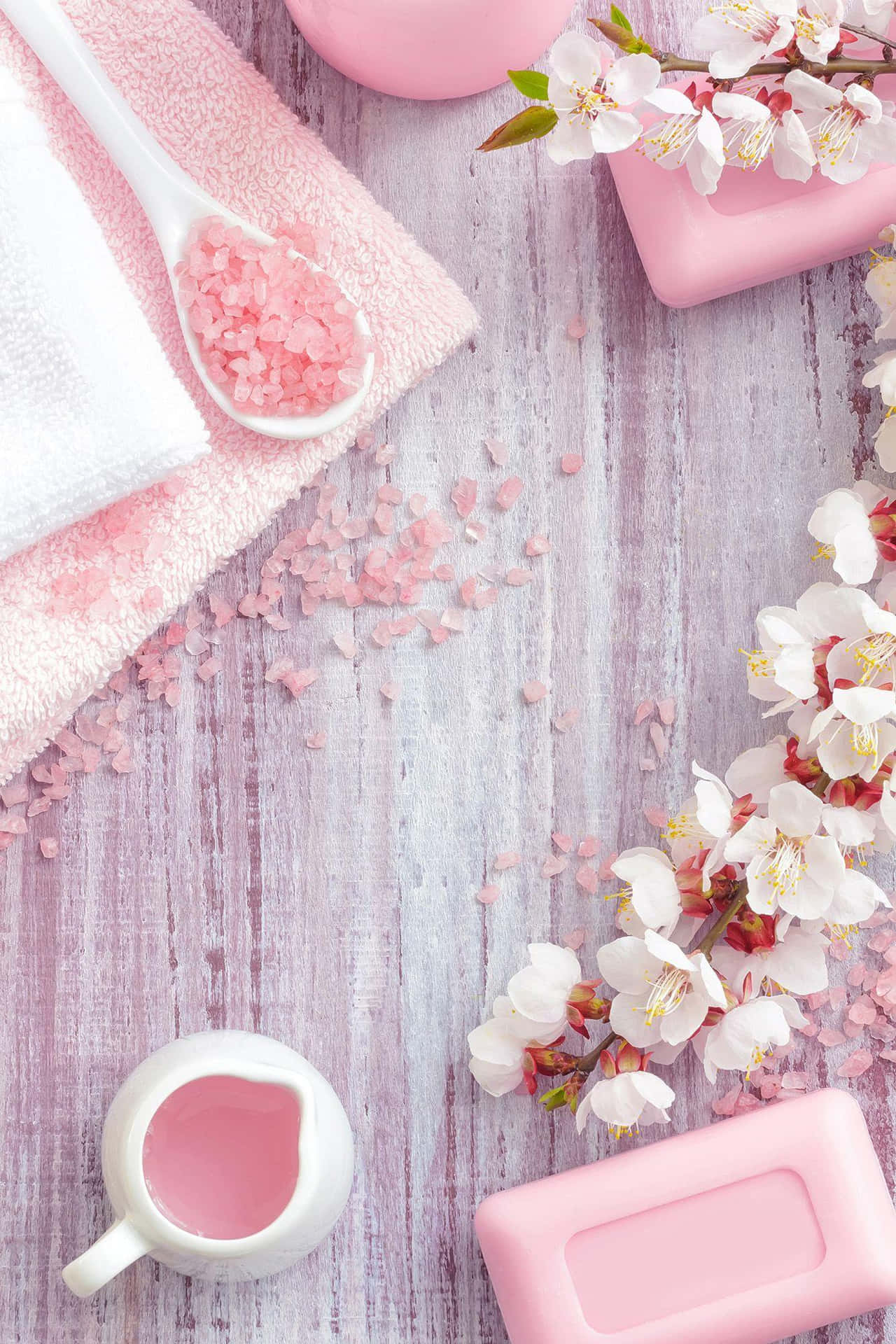 Spa Essentials Pink Saltand Floral Arrangement Wallpaper