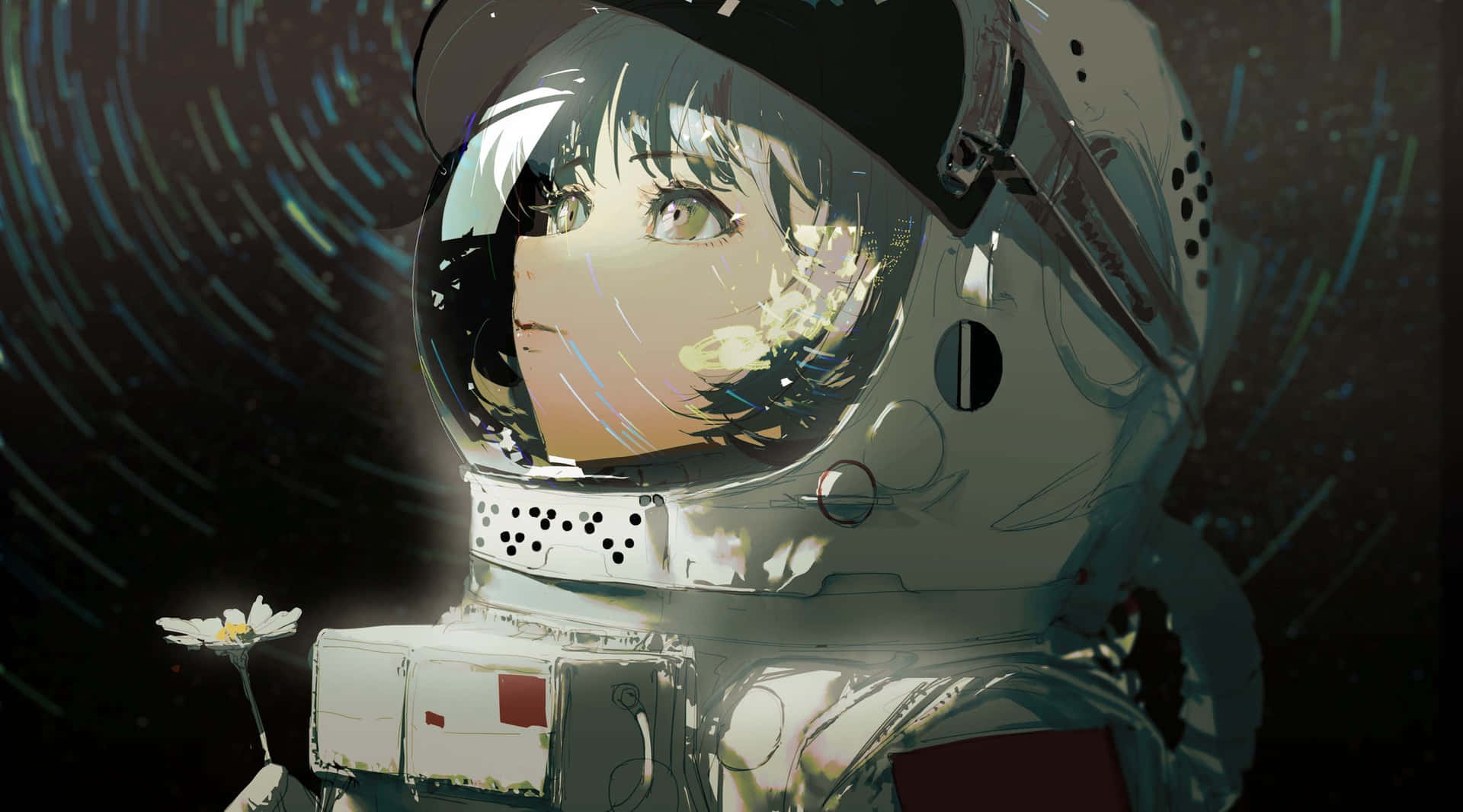 Space Anime Astronaut Flower Wallpaper