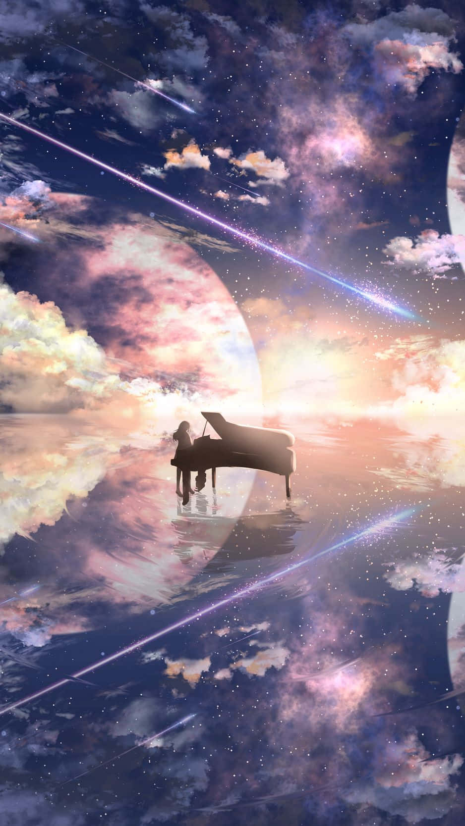 Space Anime Piano Silhouette Wallpaper