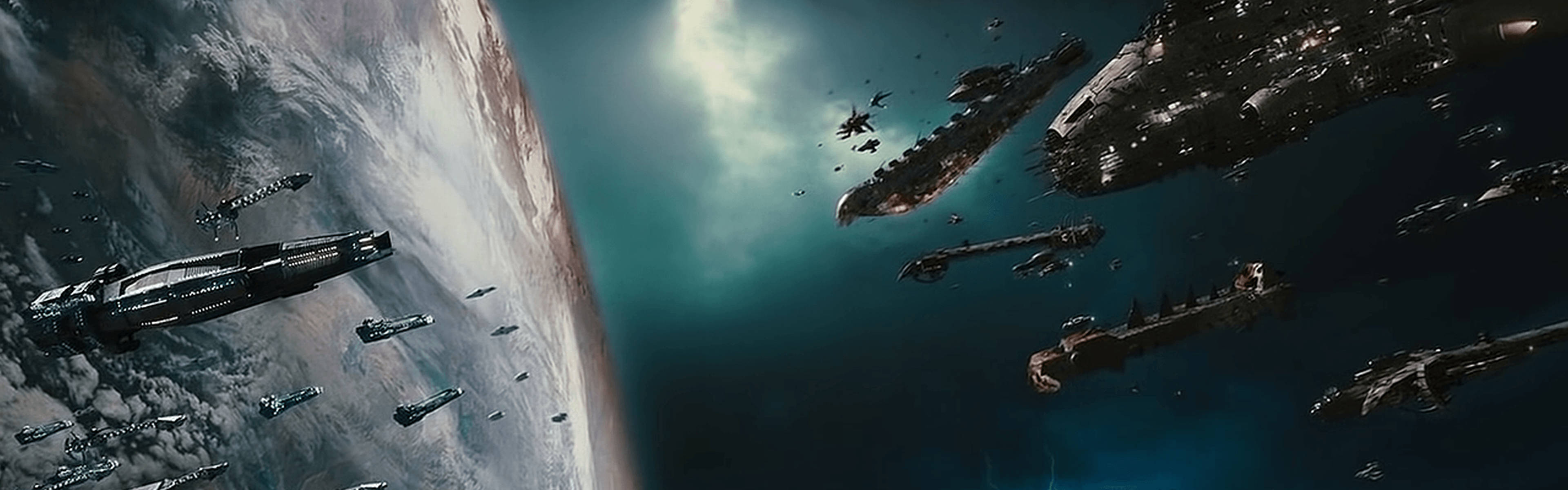 The Space Battle with Epic Visuals on Dual Monitor Displays Wallpaper