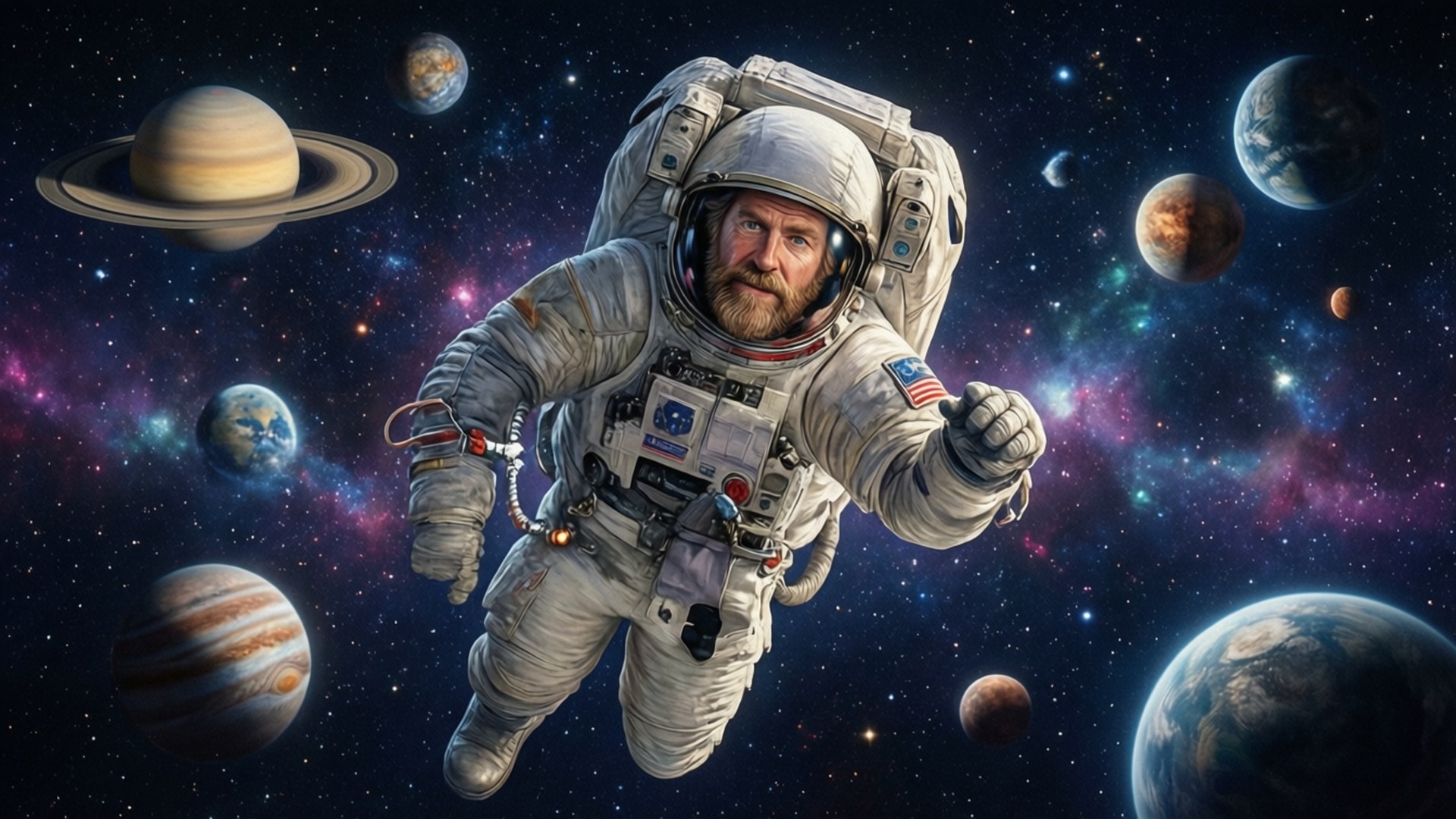 A bearded astronaut in a spacesuit floating among planets and stars in deep space.