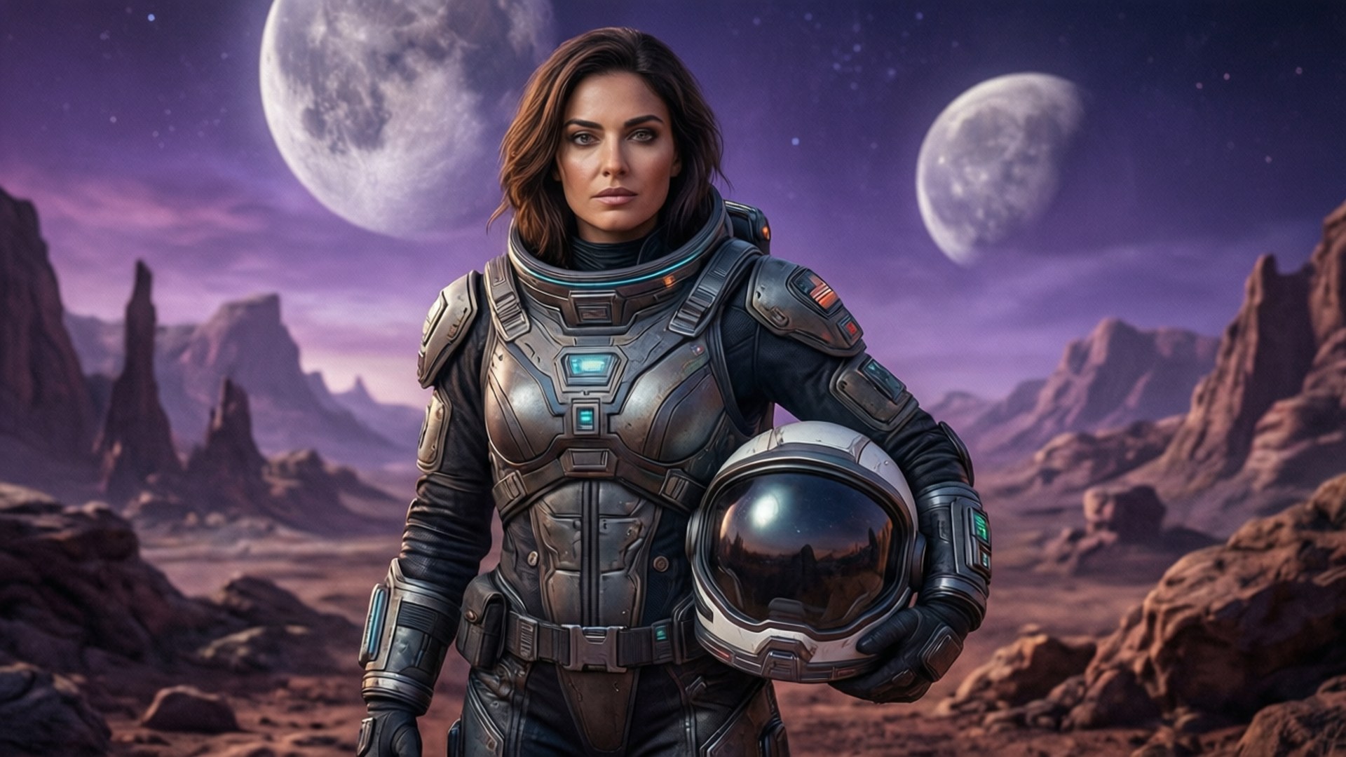 Elysia Rotaru futuristisena avaruustutkijana vieraalla planeetalla.