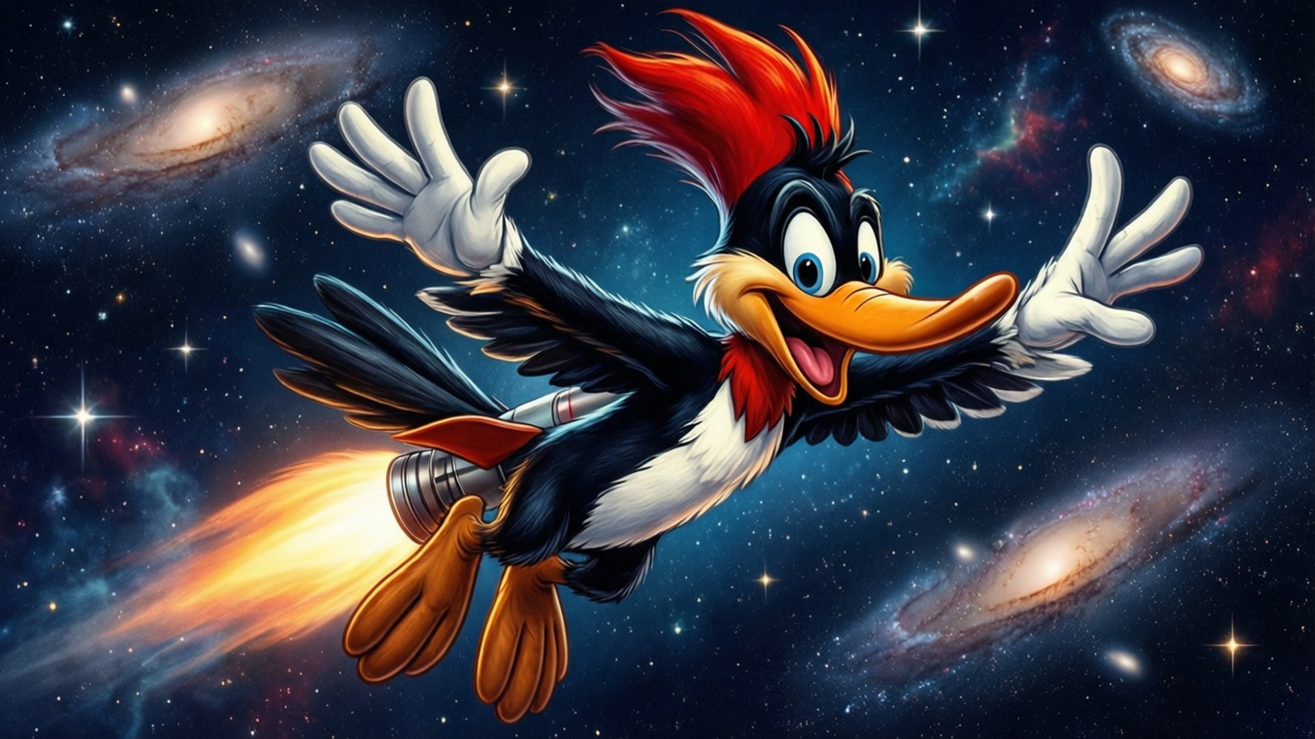 Rumudforsker Wallpapers — Woody Woodpecker begiver sig ud i kosmos med en raketdrevet hale.