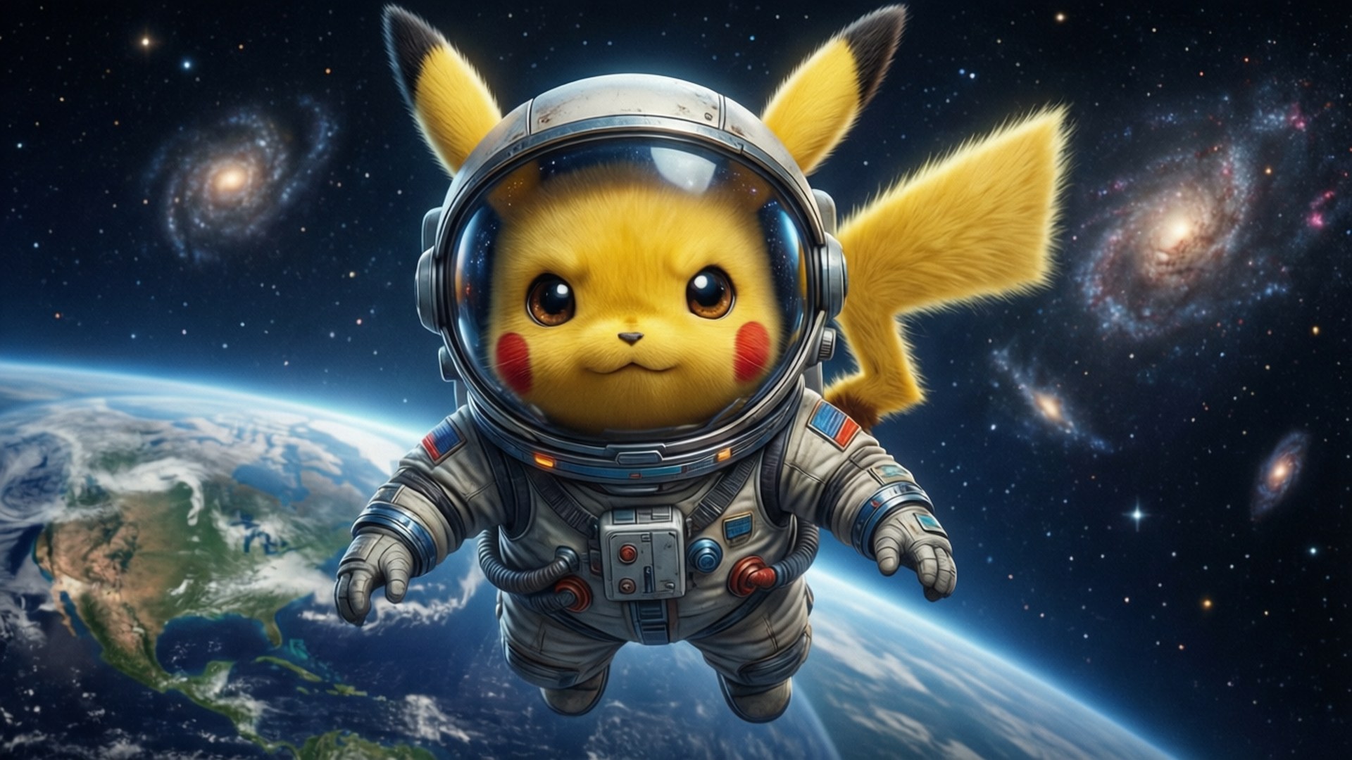 Pikachu esplora lo spazio esterno in una tuta spaziale.