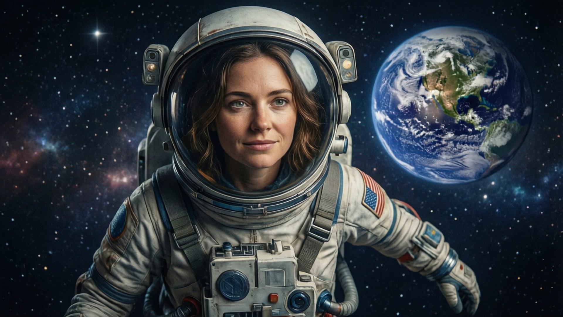 Katherine Barrell som astronaut flytande i rymden.