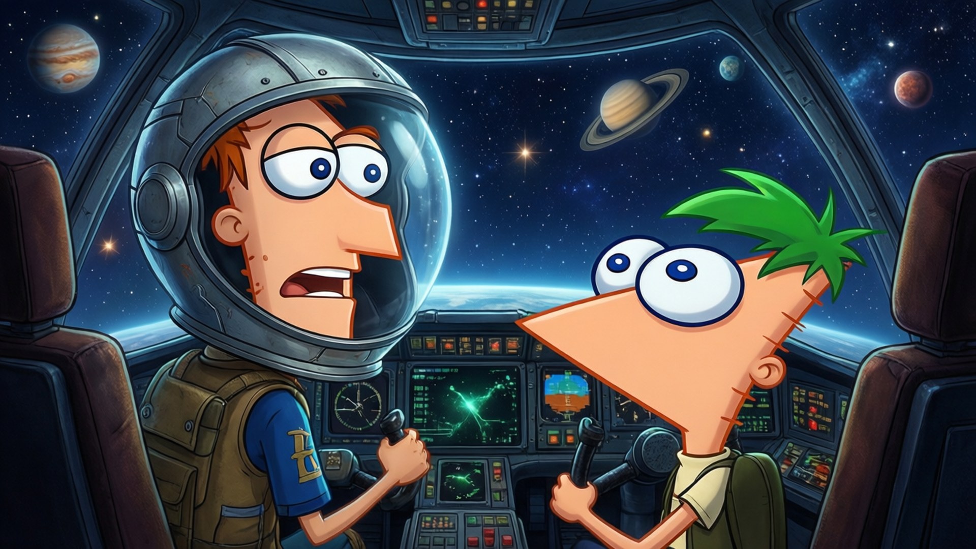 Phineas ja Ferb ohjaavat avaruusalusta galaksin halki.