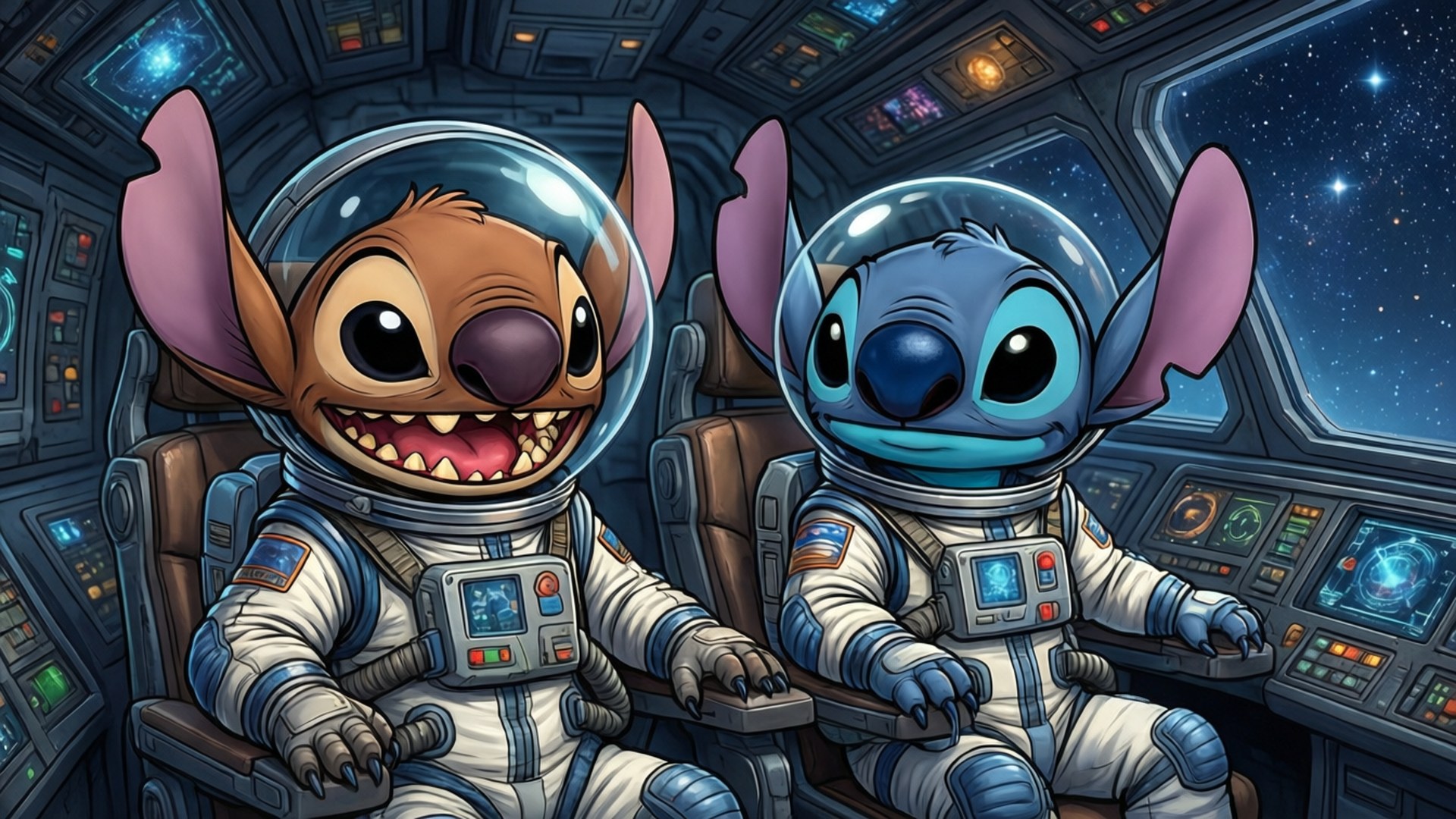 Lilo and Stitch explore space in a futuristic spaceship.