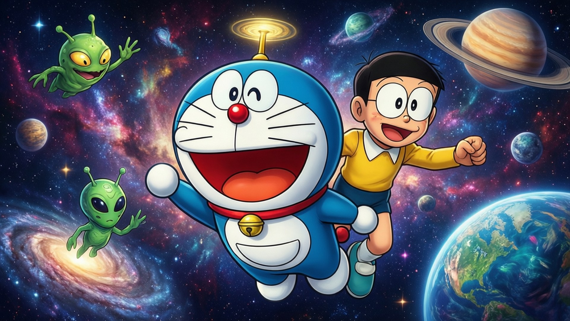 Doraemon dan Nobita menjelajahi luar angkasa.