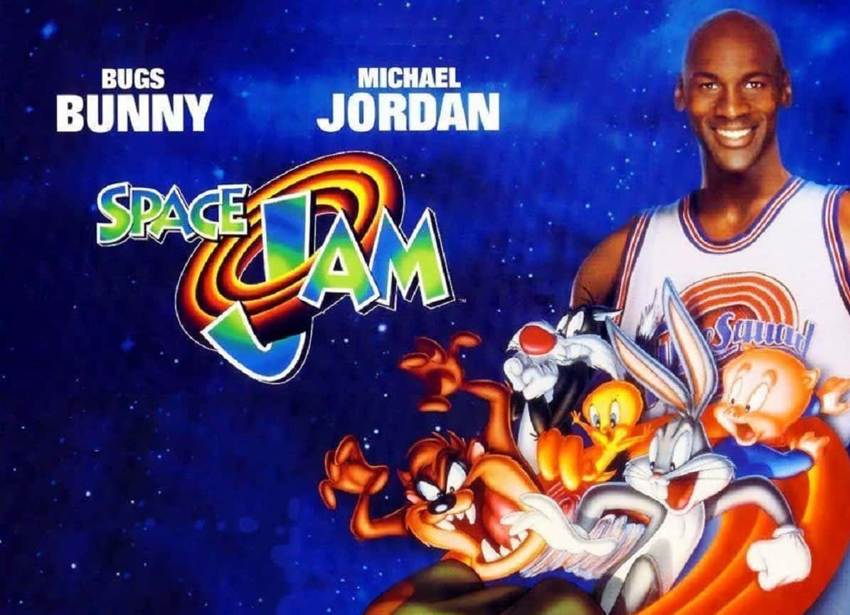 Spacejam - Et Filmplakat Med En Basketballspiller Og En Tegneseriefigur.