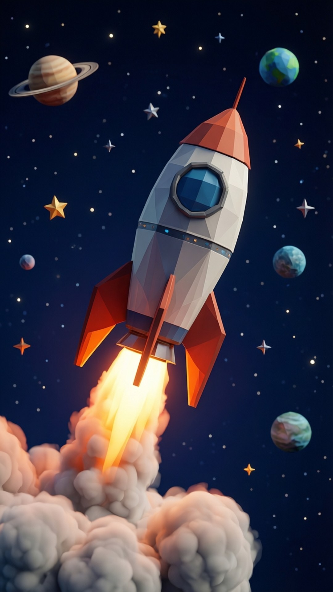 Rumopsendelse Wallpapers — En lavpoly raket letter ud i kosmos.