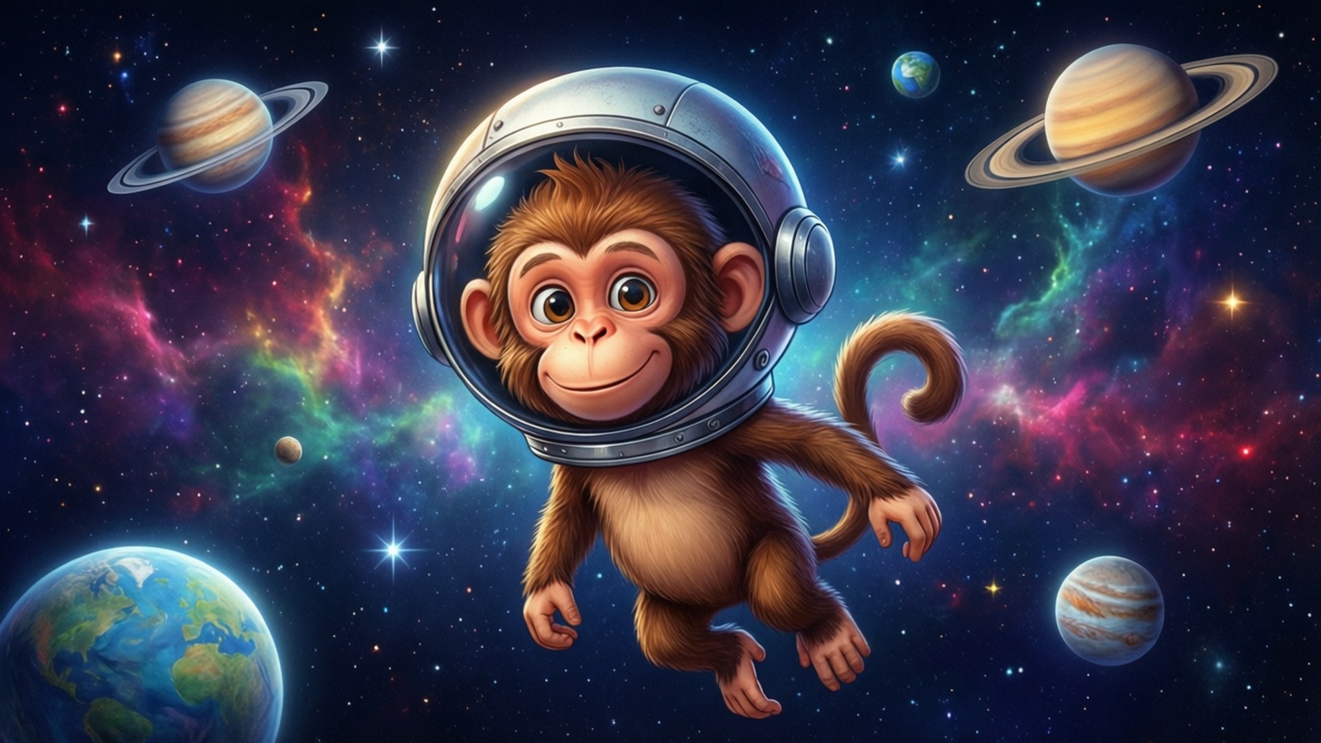 Singe de l'Espace Fonds d'écran — Un singe de dessin animé amusant en tant qu'astronaute dans l'espace.