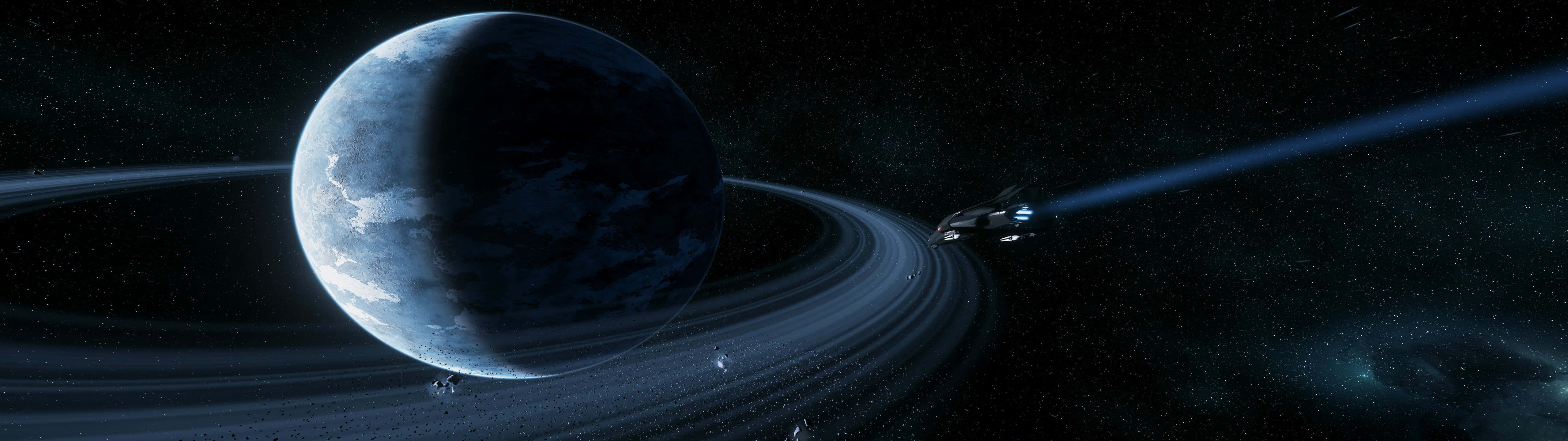 Spacecraft Orbiting Planet Rings Super Ultra Wide Wallpaper