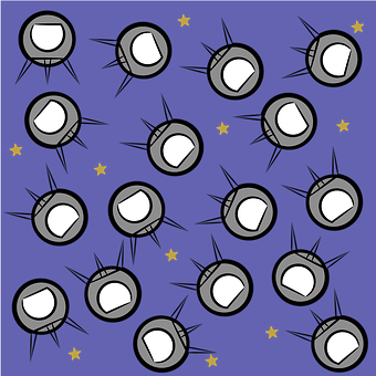 Spacecraft Pattern Background PNG — A deep blue wallpaper pattern featuring repeating gray cartoon moons with white faces and black spikes scattered with small yellow stars.