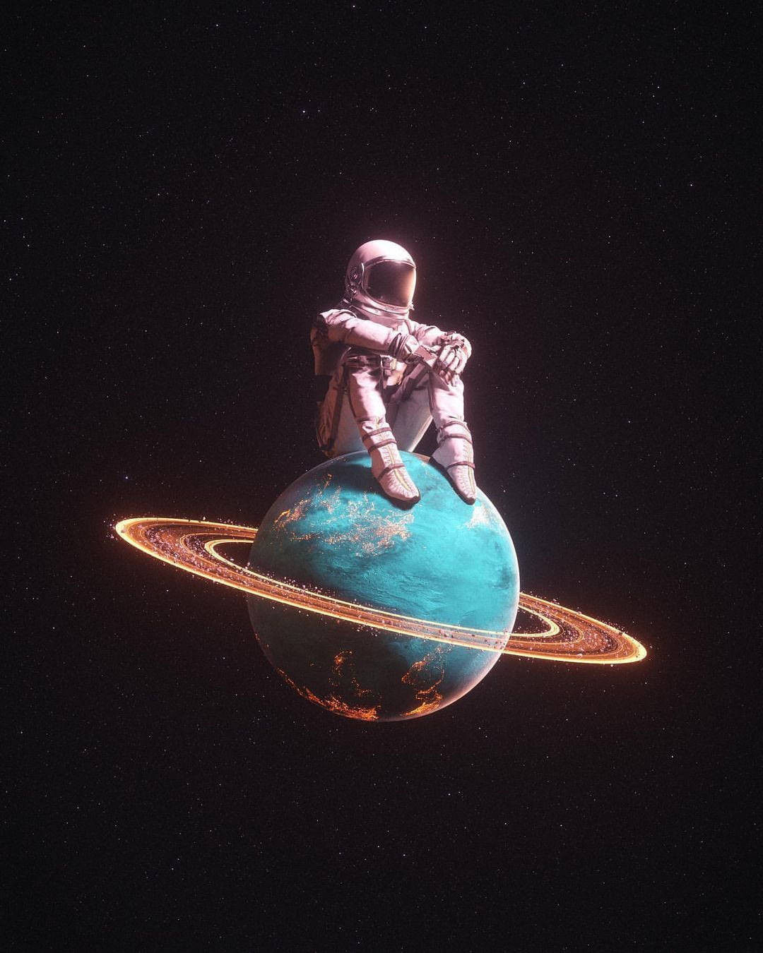 Spaceman Perched On Blue Saturn Wallpaper