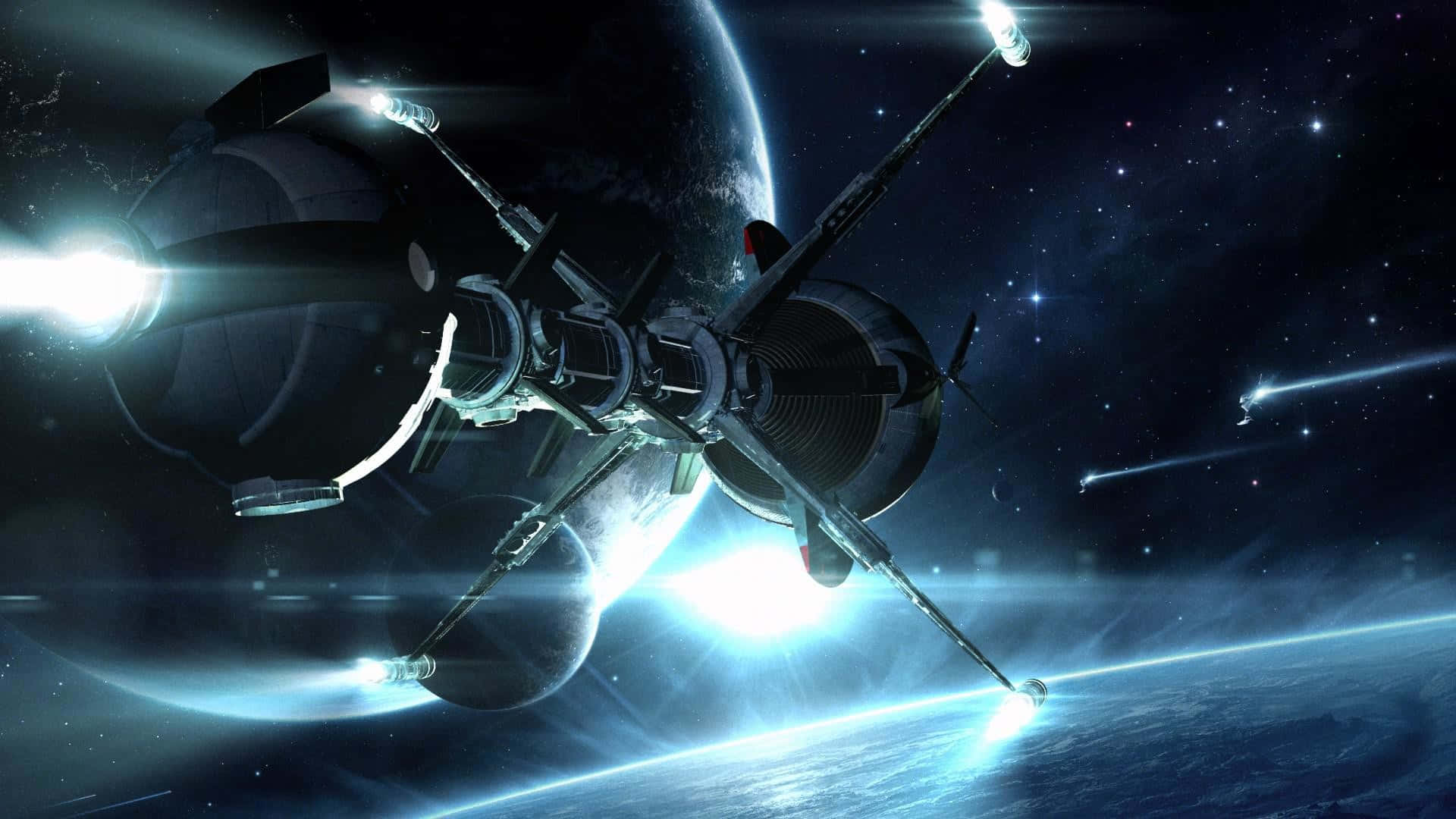 Exploring outer space in futuristic spaceship