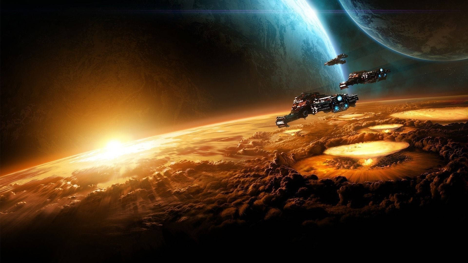 Spaceship Above Exploding Planet Wallpaper