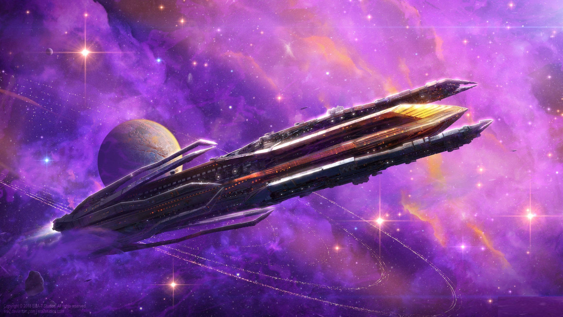 Spaceship In Purple Space Wallpaper