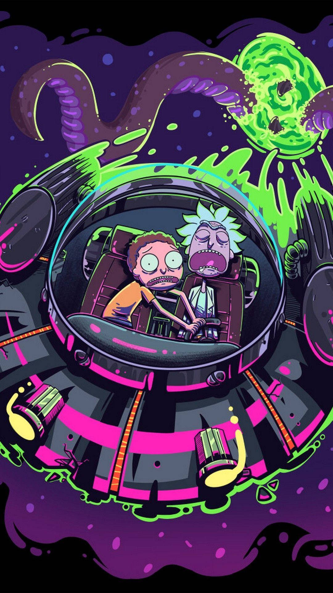 Spaceship Riding Rick And Morty Iphone Wallpaper