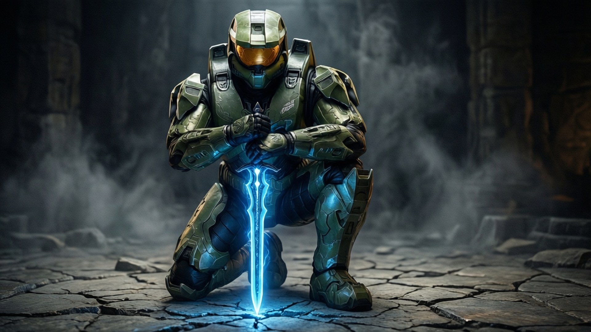 Sword of Resolve Wallpaper — A soldier in green armor kneels in a smoky ruin holding a glowing blue sword on cracked stone.