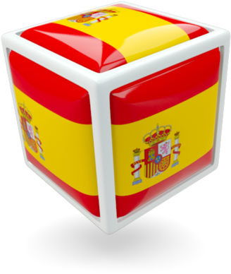 Spain Flag Cube3 D Render PNG — A glossy white cube with the Spanish flag design on each visible face against a black background.